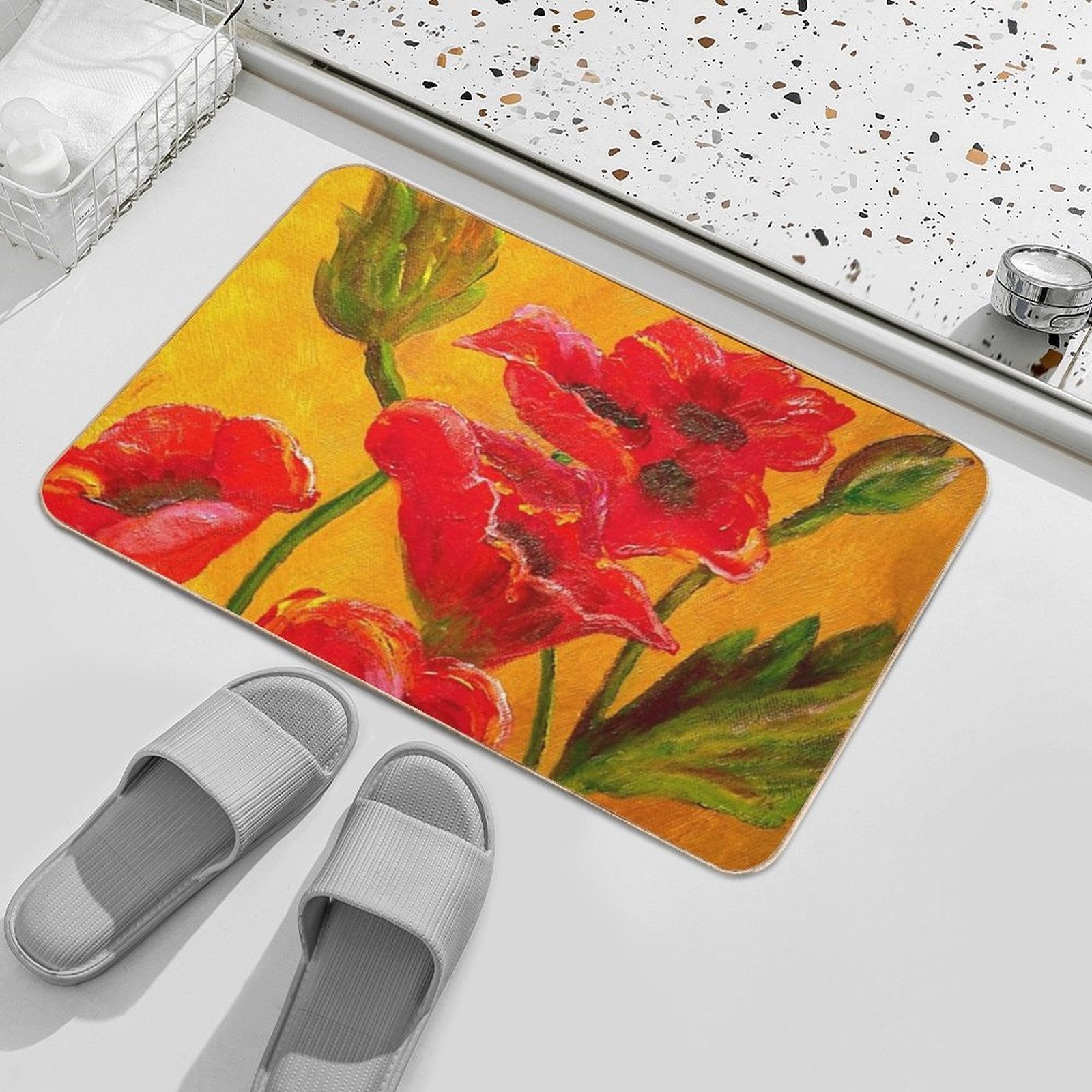 Red Floral Burnt Orange Autumn Pattern  Easy To Clean Bath Mat