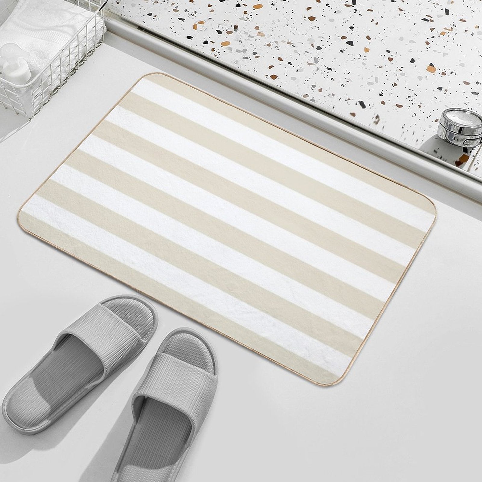 Beige And White Horizontal Stripe Pattern - Hue Coordinates WPantone Baby's Breath 11-0202 2022 Trending Color  Versatile Bath Mat