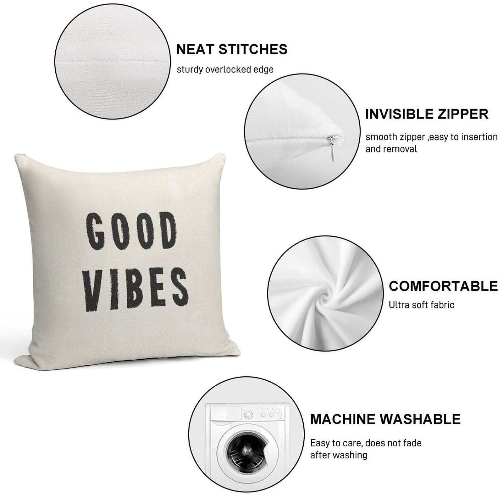 Grungy Distressed Ink Good Vibes  Black on Off-White Soft Anti-Pilling Throw Pillow