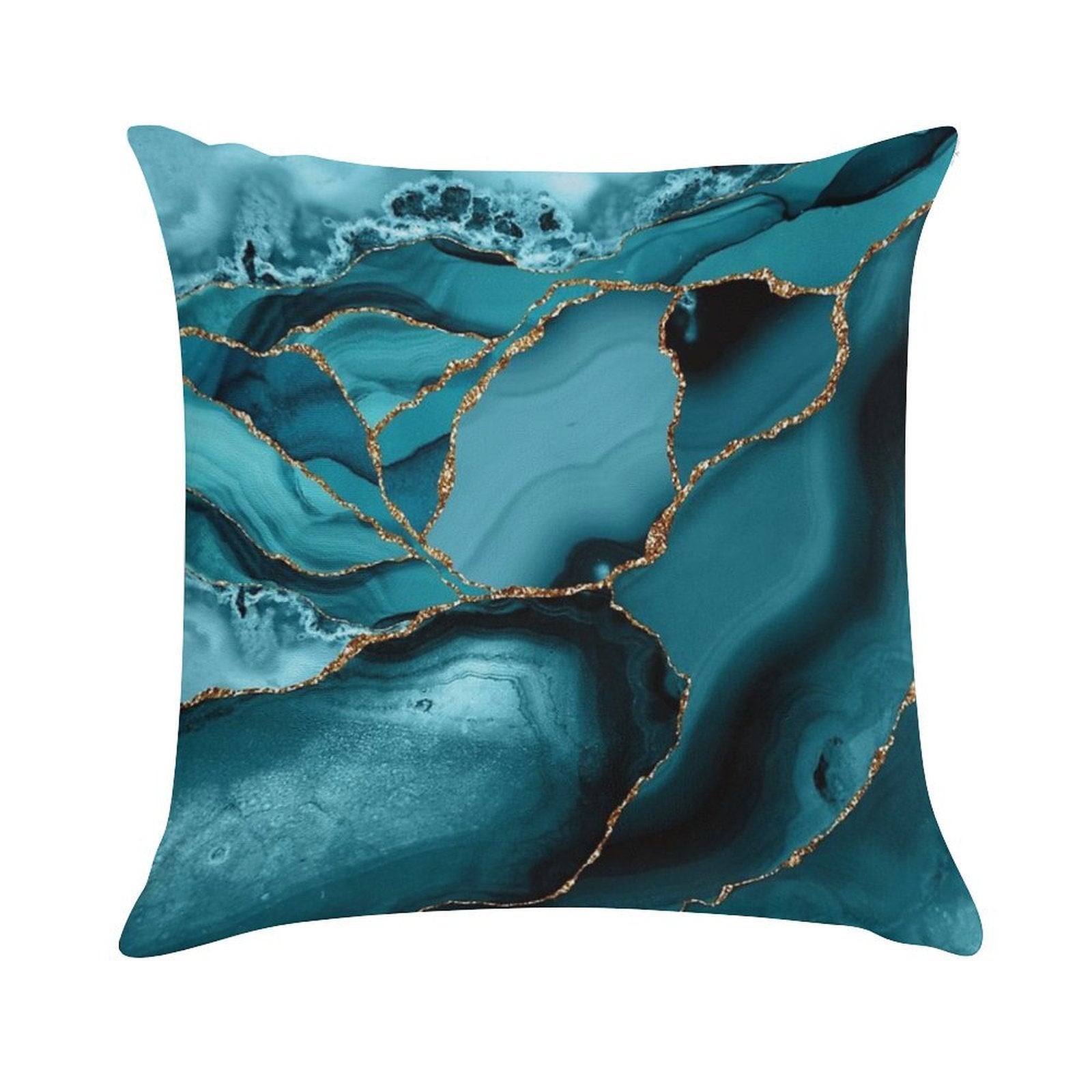 Teal And Gold Faux Marble Landscape Waves Soft Decorative Cover Throw Pillow