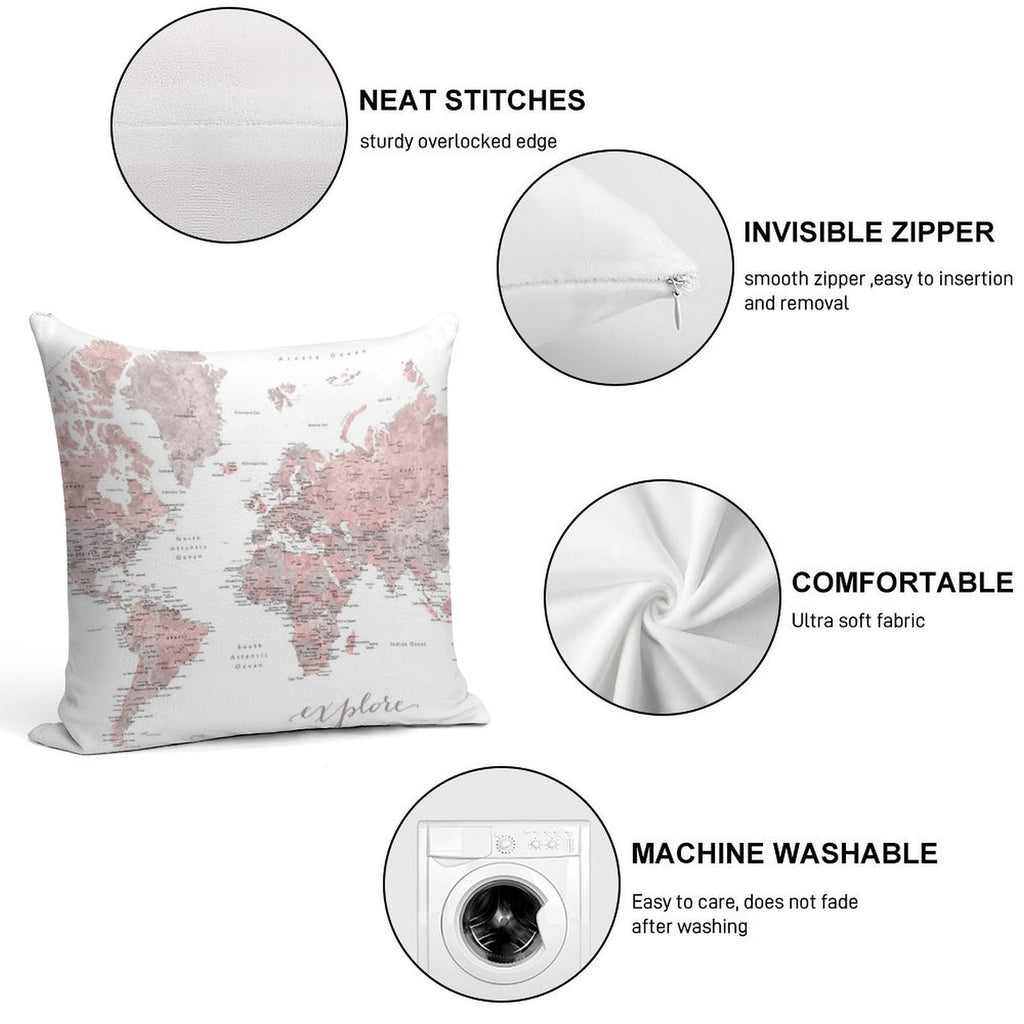 Explore - Dusty Pink And Grey Watercolor World Map, Detailed Soft Fade-Resistant Throw Pillow