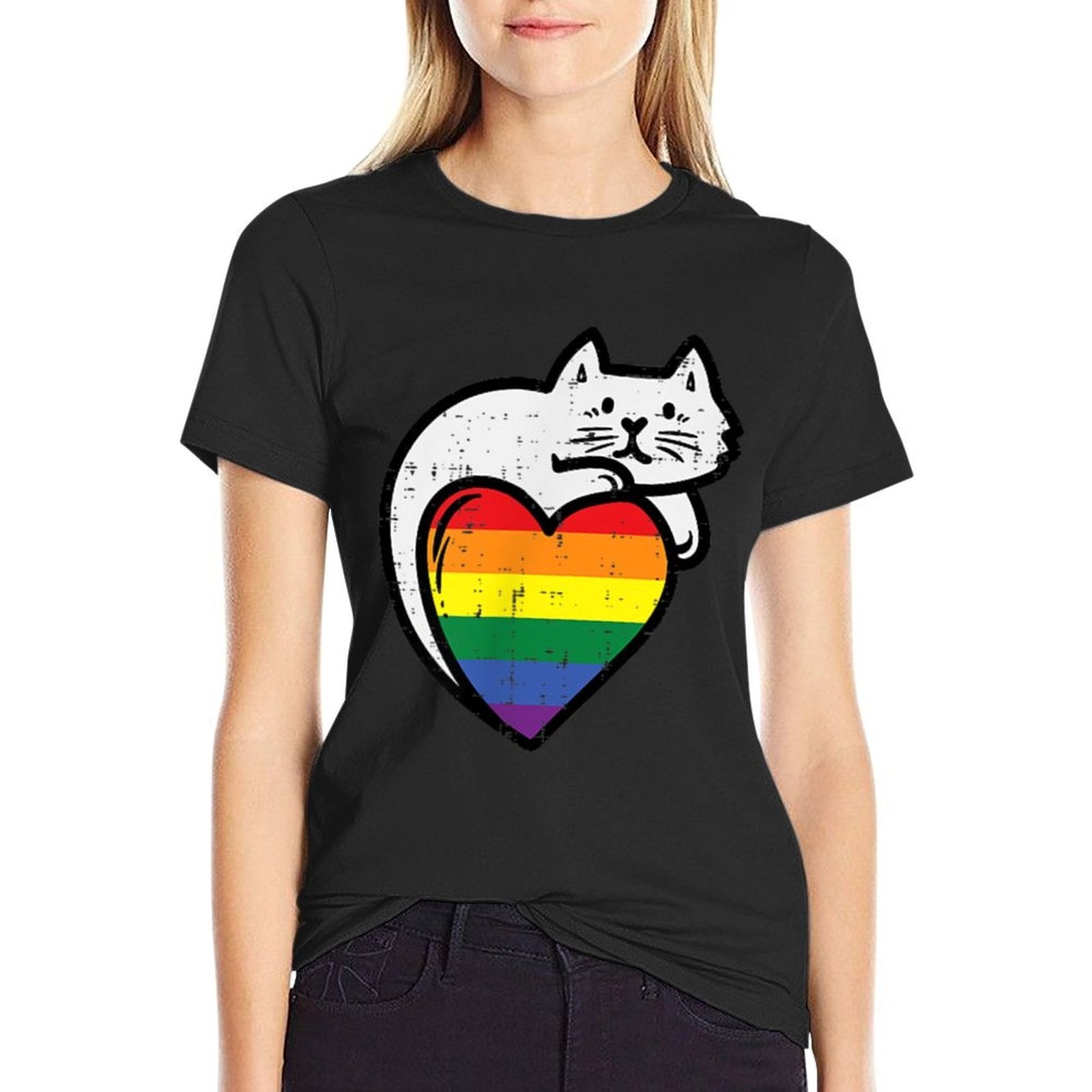 Rainbow Cat Heart Gay Pride Ally LGBTQ Month Women Men  Trendy Pattern T-Shirt