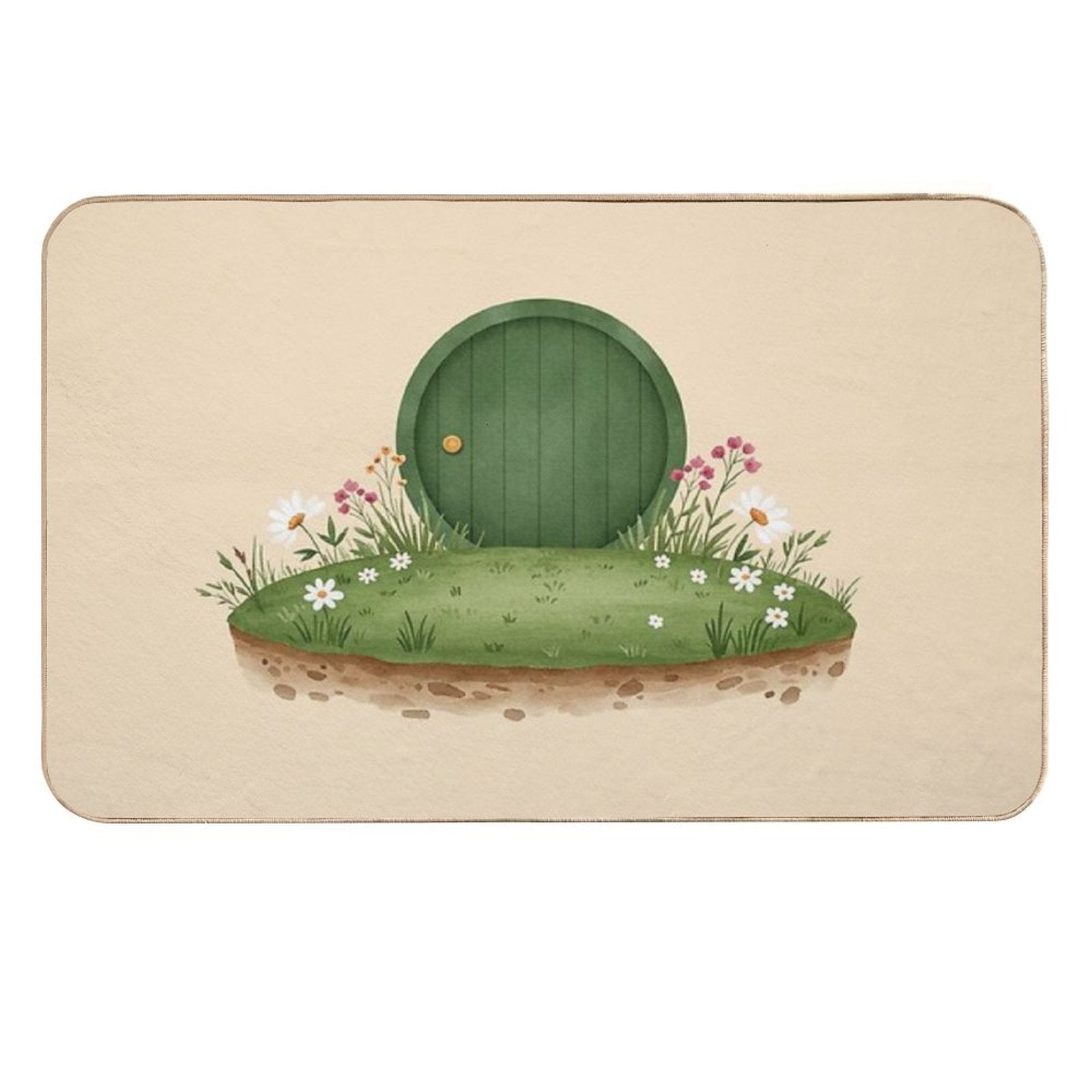 Cozy Hobbit Hole Watercolor Print - Cottagecore Wall Art  Stain-Proof Bath Mat