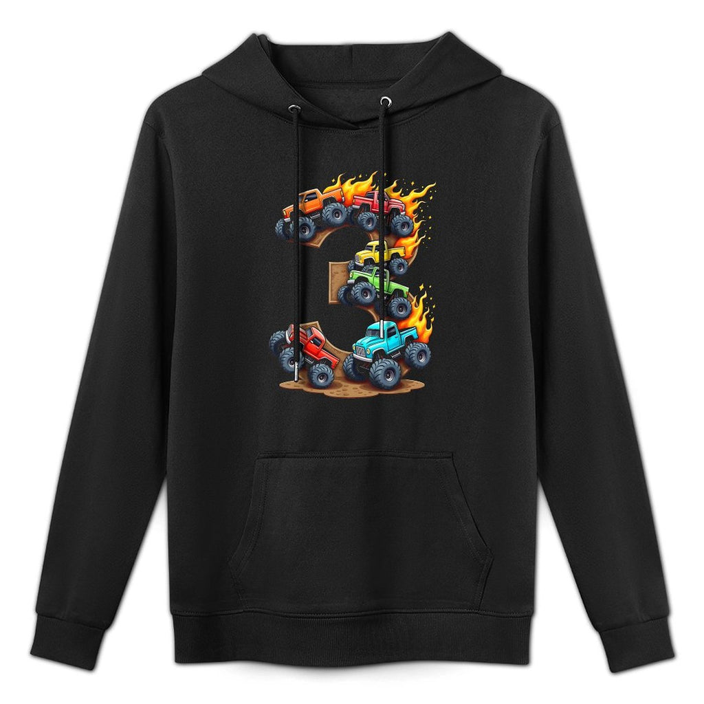 3 Year Old Monster Truck Boy Toddler 3rd Birthday Party Cotton-Polyester Blend Hoodie