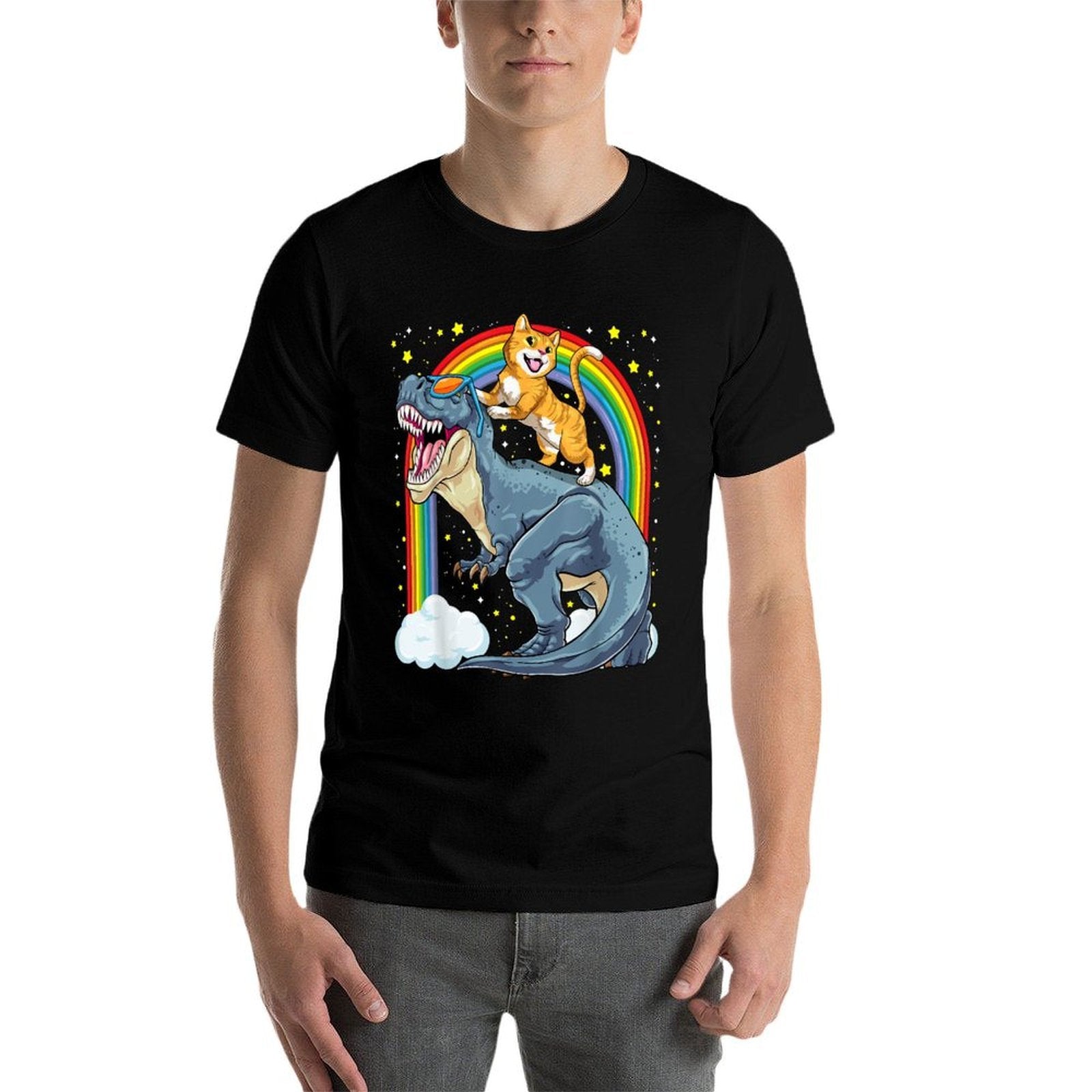 Cat Riding Dinosaur T-Rex Kitten Rainbow Dino Funny  Ribbed Collar T-Shirt