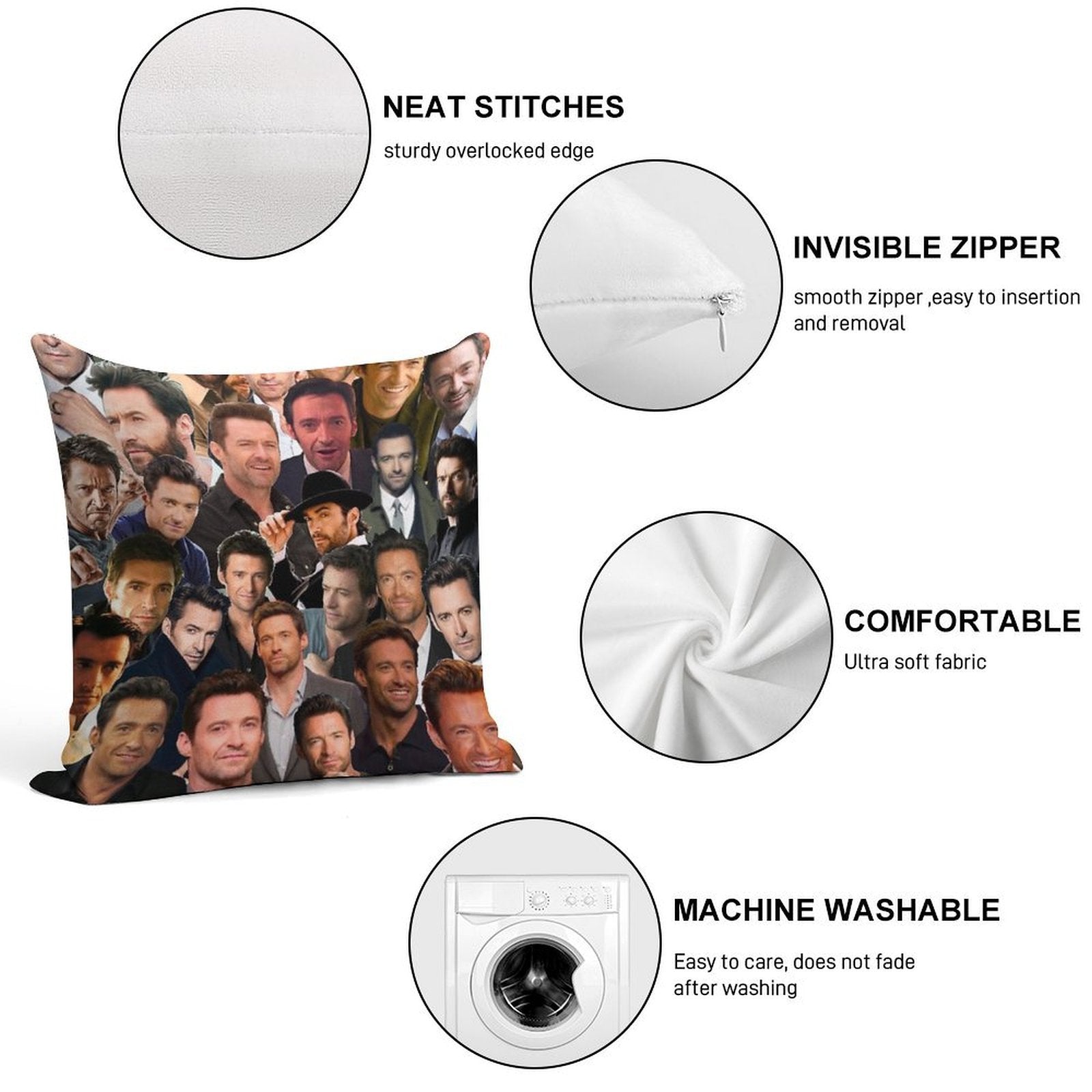 Hugh Jackman Photo Collage Soft Gift Ready Throw Pillow