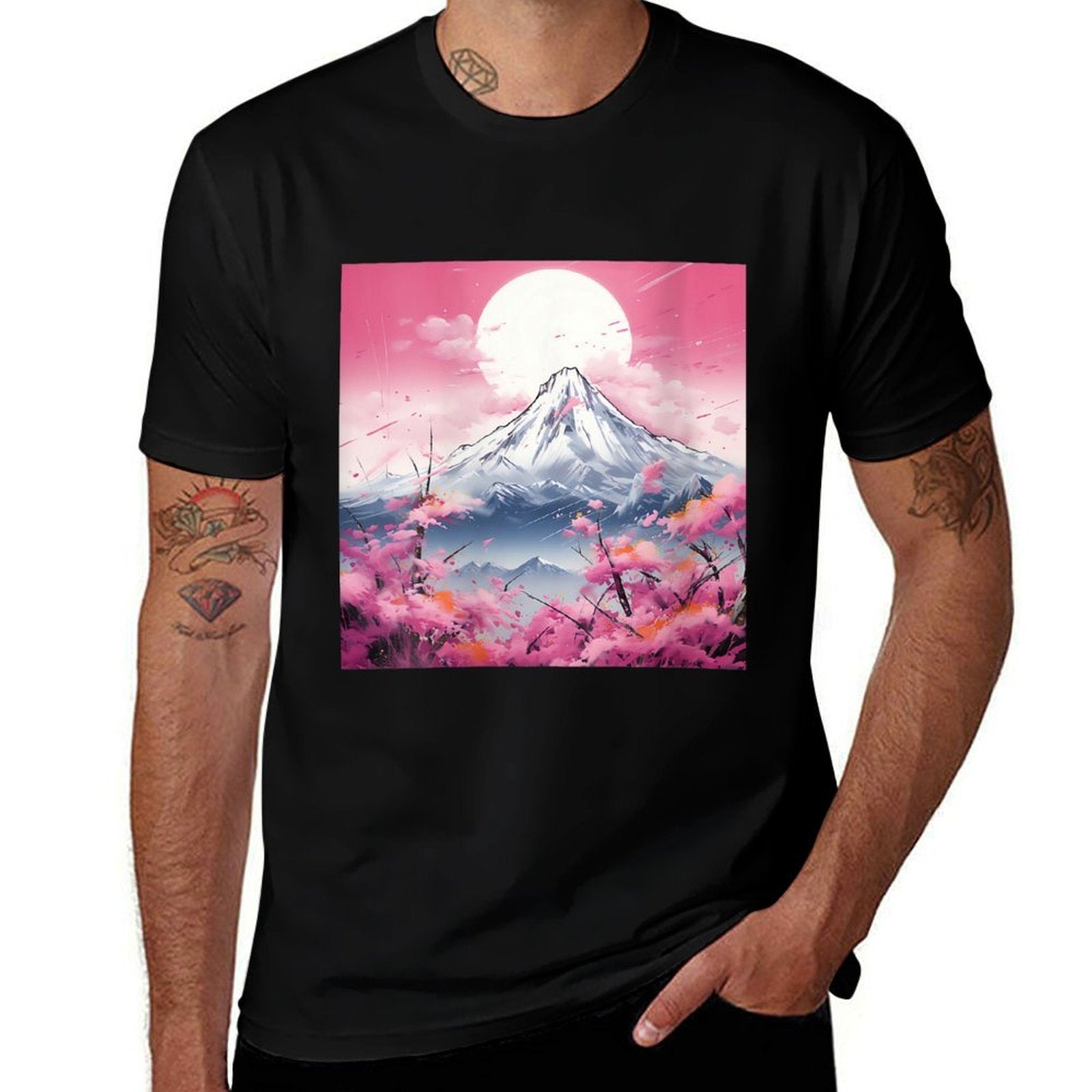 Sakura Reverie Japanese Petals Unfold in Twilight Peaks  Ribbed Collar T-Shirt