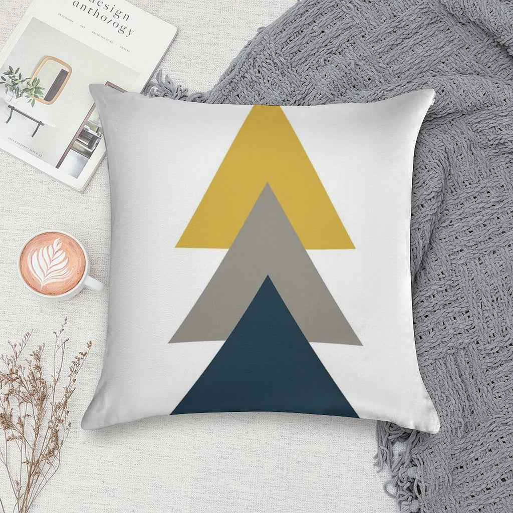 Triangle Trio. Minimalist Geometric in Light Mustard Yellow, White, Grey, And Navy Blue Soft Shrink-Resistant Throw Pillow