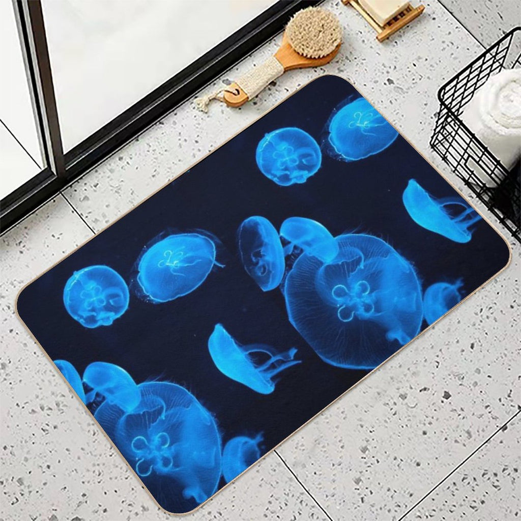 Blue Jellyfish Swimming  Fade-Resistant Bath Mat