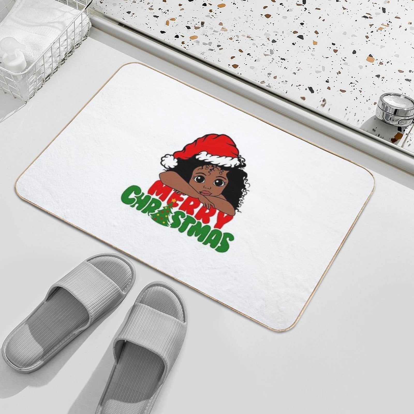American African Christmas Santa Cute Natural Hair Afro Xmas  Toxin-Free Bath Mat
