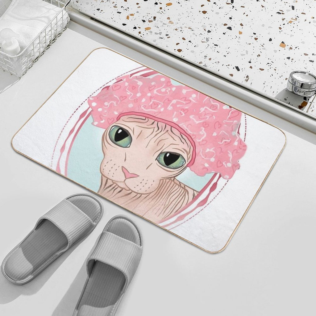 Hairless Sphynx Cat Wearing A Pink Shower Cap  Versatile Bath Mat