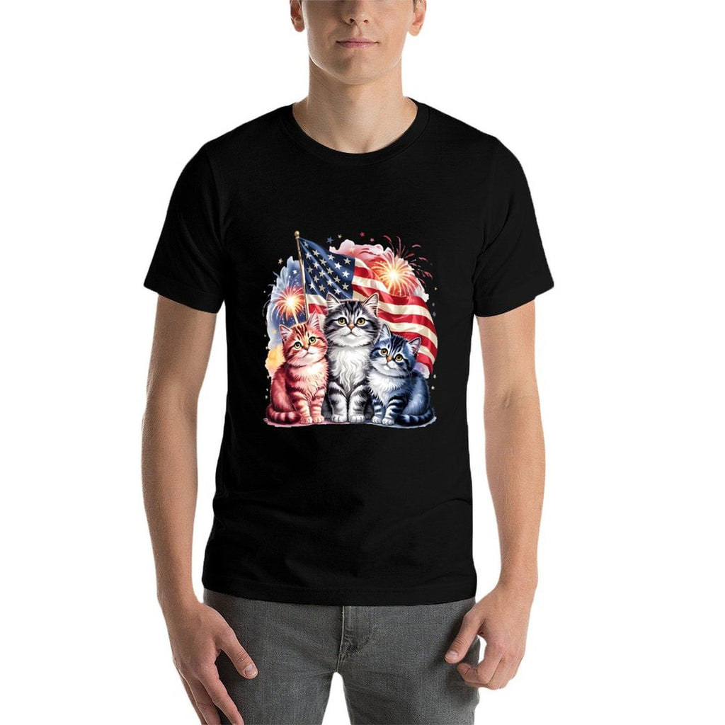 Cat Patriotic America Cats USA Fireworks 4th Of July  Summer-ready Fabric T-Shirt