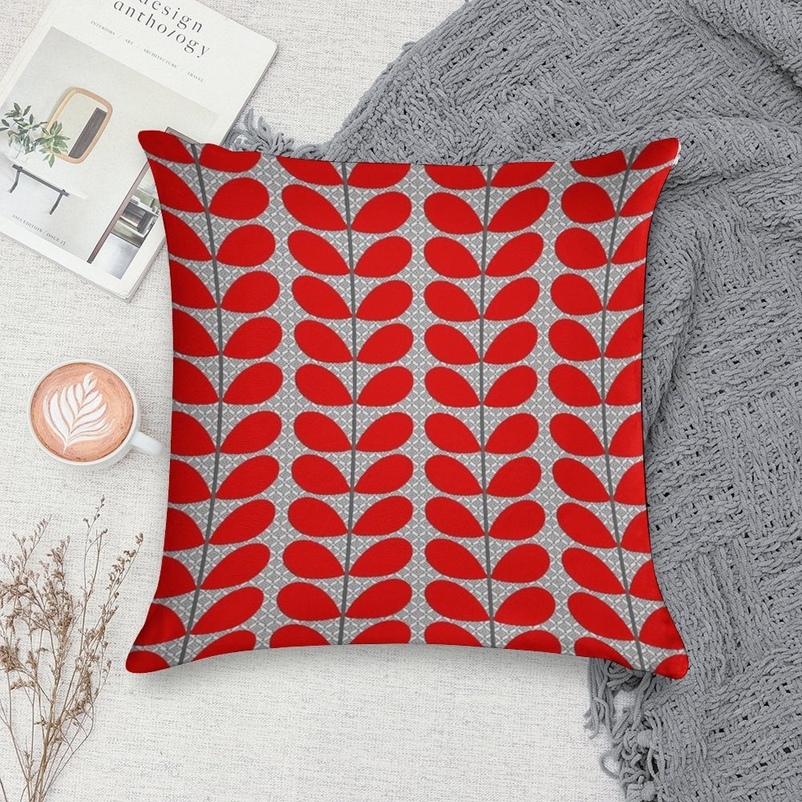 Mid-Century Danish Leaves, Deep Red And Gray Soft High-Density Material Throw Pillow