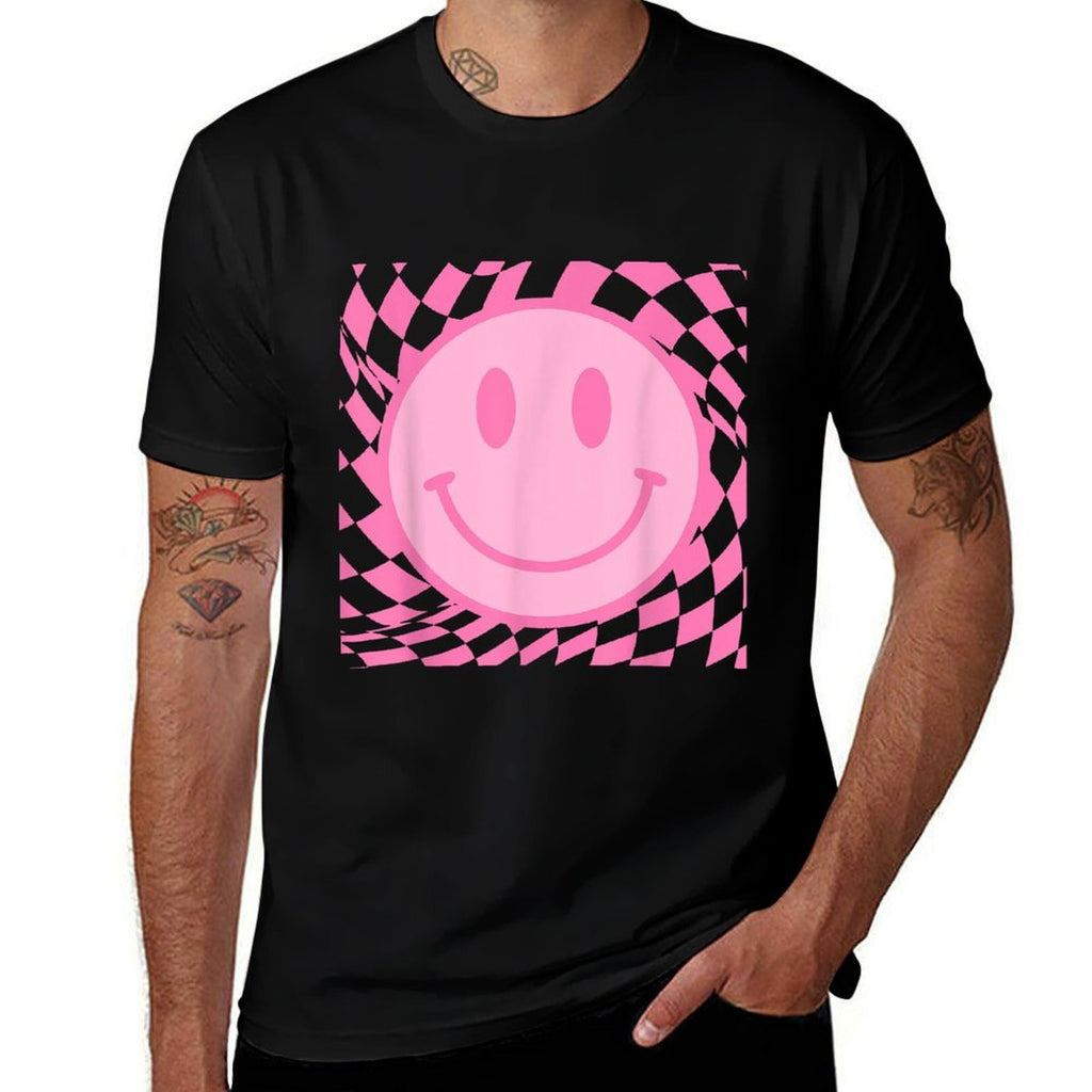 Retro Happy Smile Face Smiling Checkered Pattern Pink Trendy  Polyester Blend T-Shirt