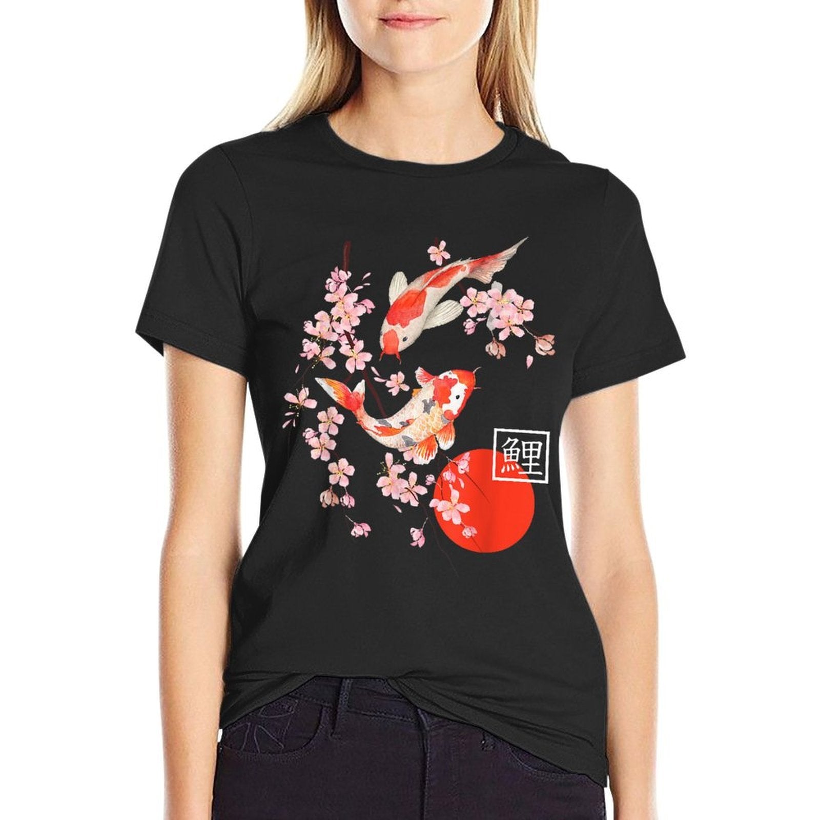 Cherry Blossom Koi Carp Fish Japanese Sakura Graphic Art  Cotton T-Shirt