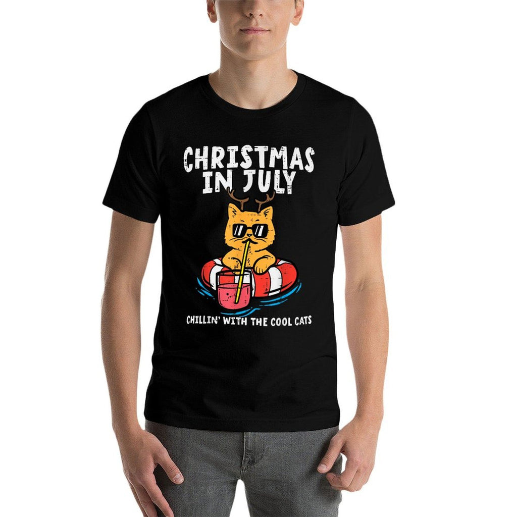 Christmas In July Chillin Cool Cats Funny Meowy Xmas Summer  Ribbed Collar T-Shirt