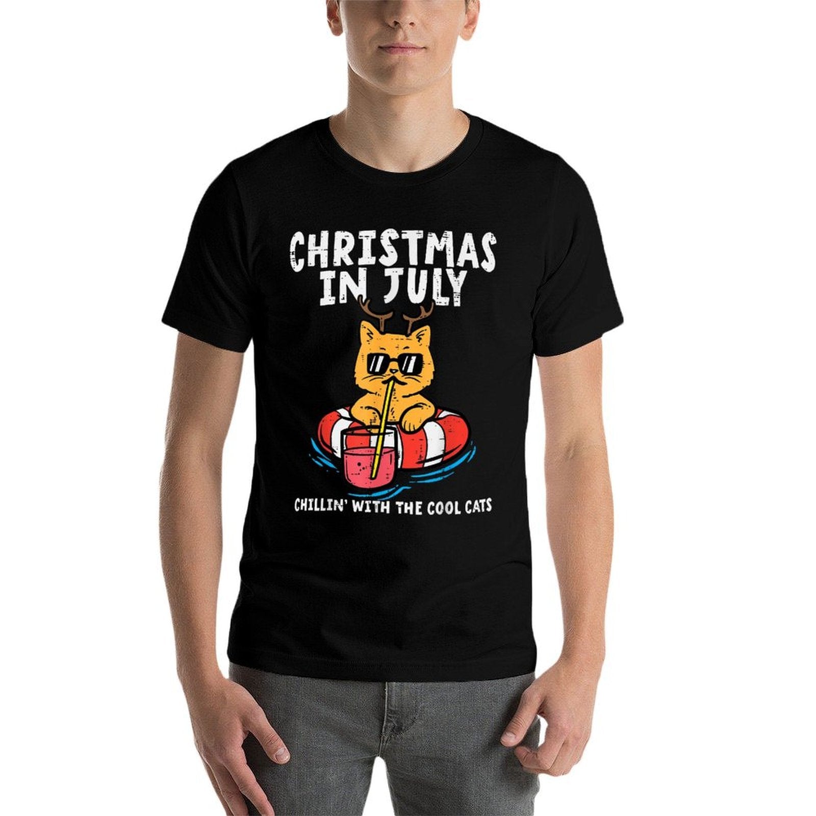 Christmas In July Chillin Cool Cats Funny Meowy Xmas Summer  Ribbed Collar T-Shirt