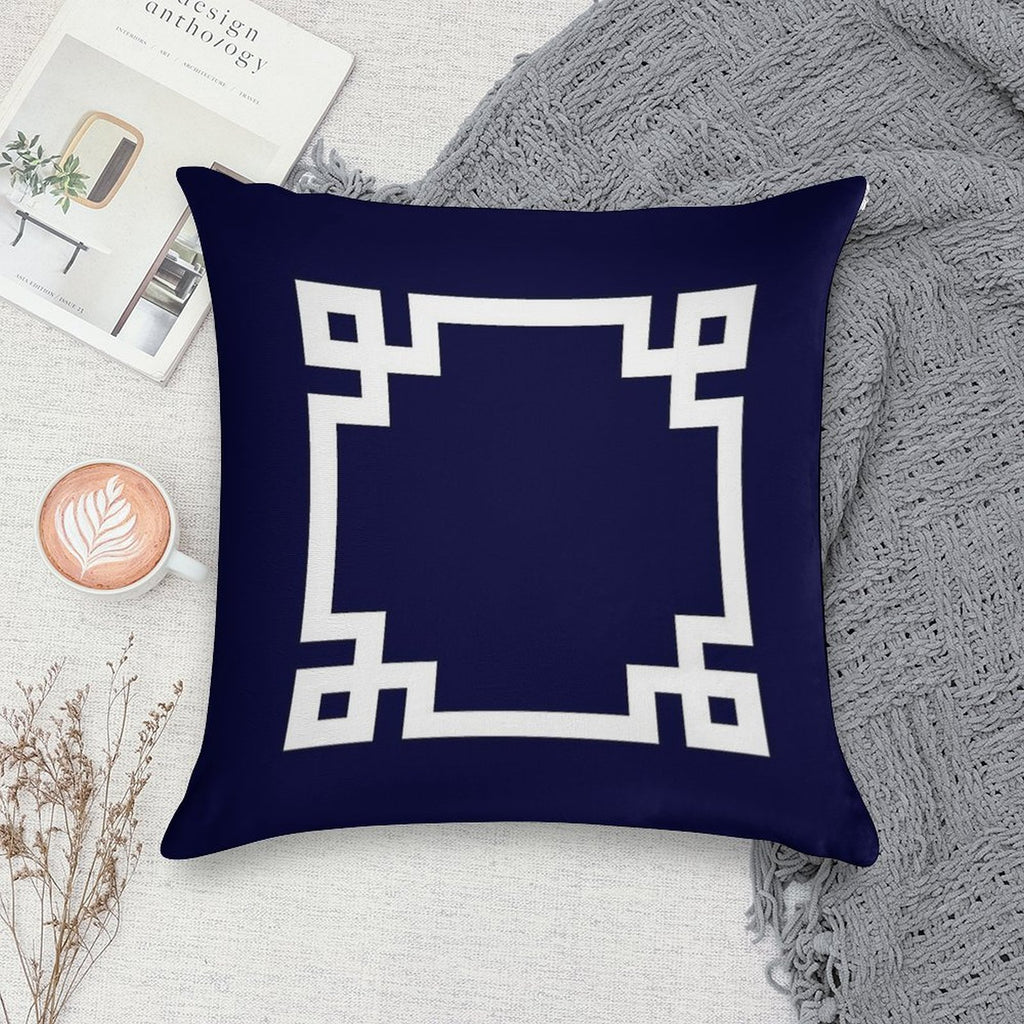 Greek Key Square White On Navy Blue Soft Short Plush Fabric Throw Pillow
