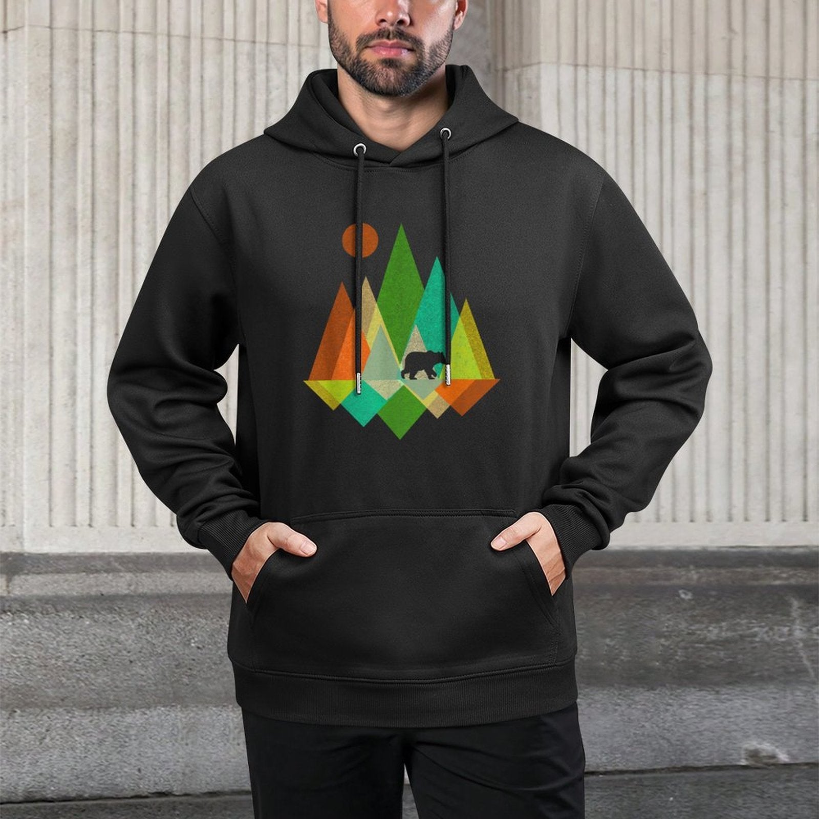 Geometric Mountains And Bear Nature Cotton-Polyester Blend Hoodie