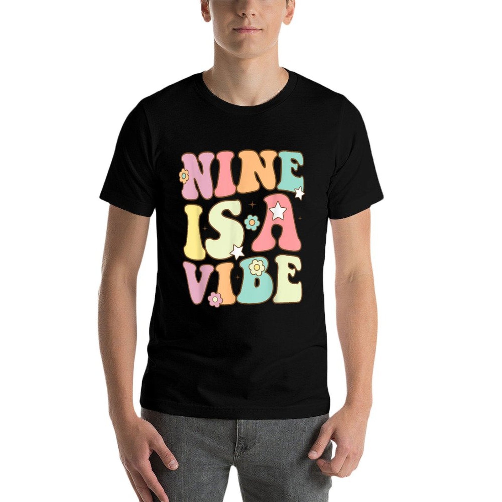 Nine Is A Vibe 9th Birthday Groovy Boys Girls 9 Years Old  High-quality Stitching T-Shirt