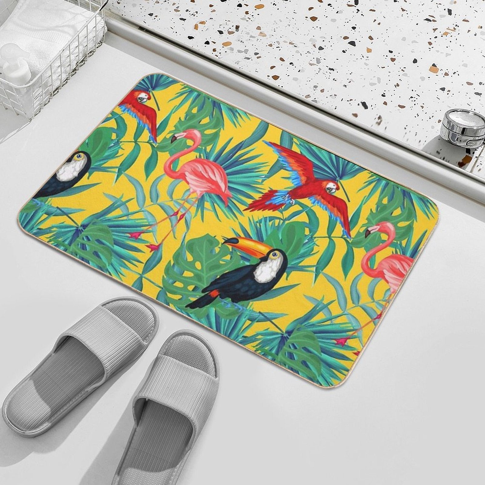 Tropical Bird Yellow Background  Multi-Purpose Bath Mat