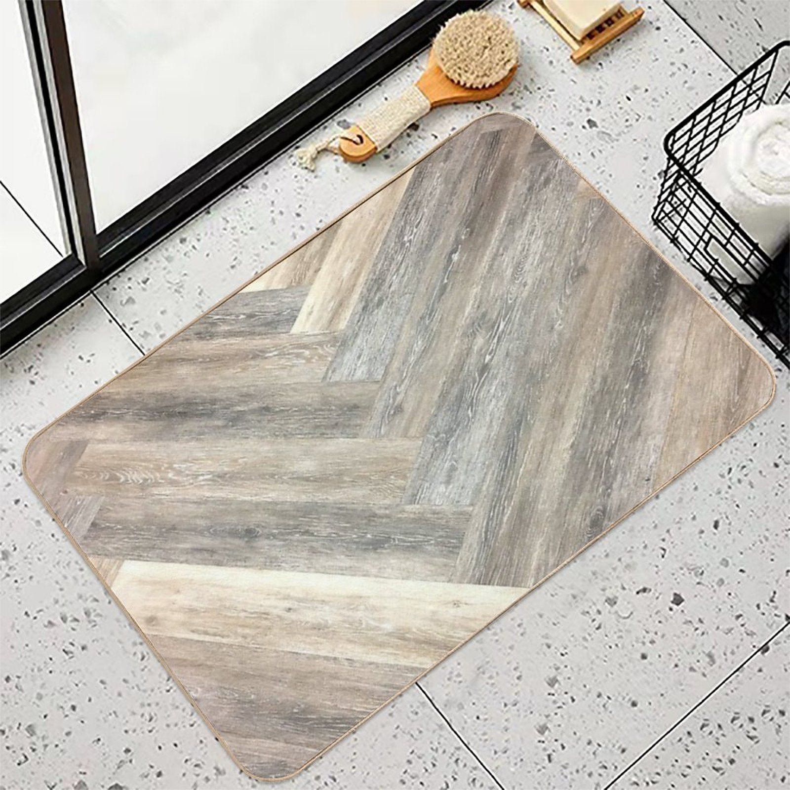 Contemporary Caramel Brown Grey Beige Farmhouse Barn Wood  Easy To Clean Bath Mat