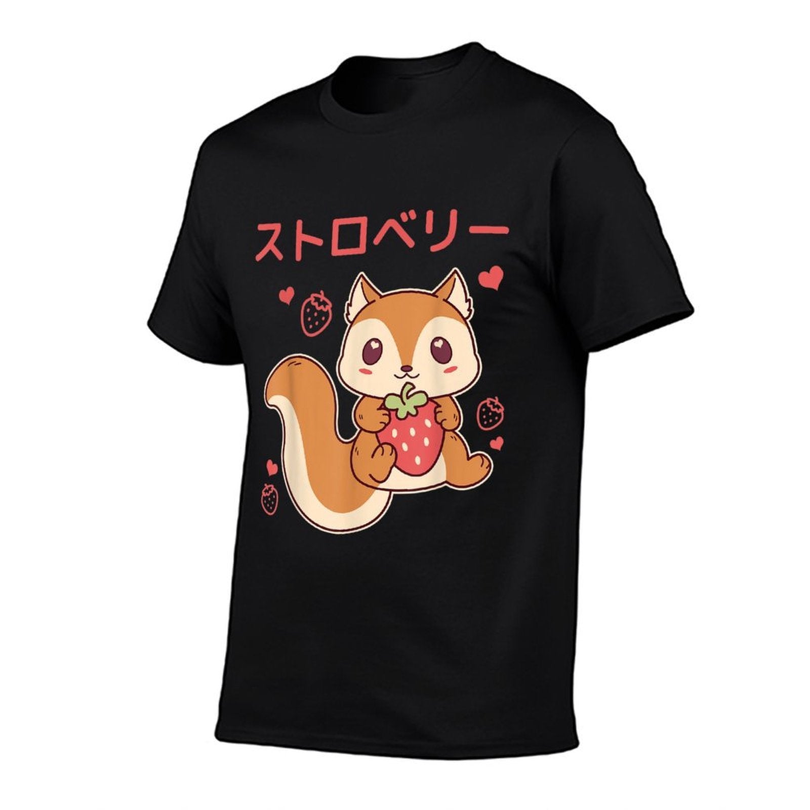 Cute Anime Squirrel Embrace Strawberry Kawaii  Rolled Sleeves T-Shirt