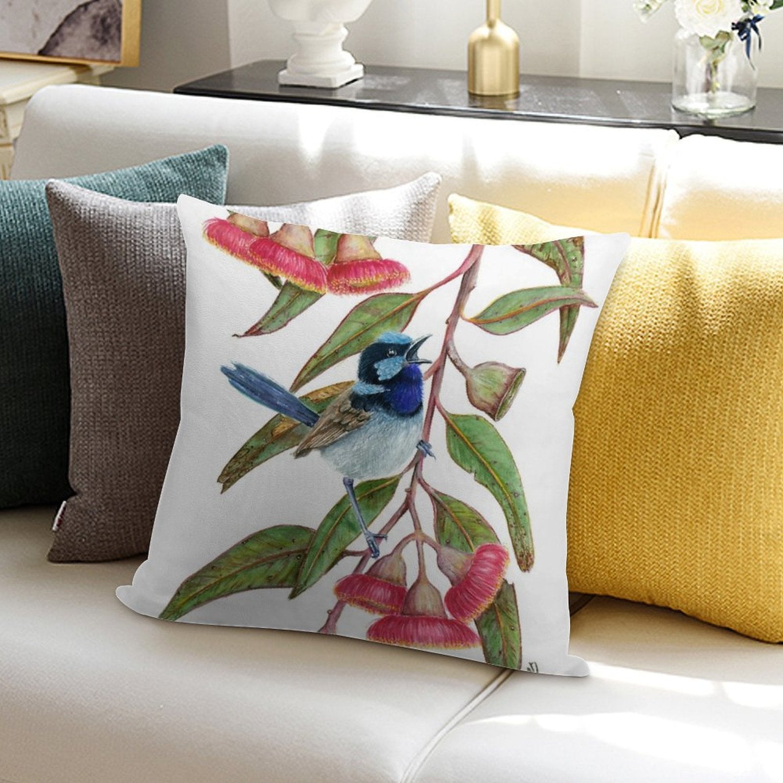 Splendid Fairywren in Silver Princess Soft Short Plush Fabric Throw Pillow