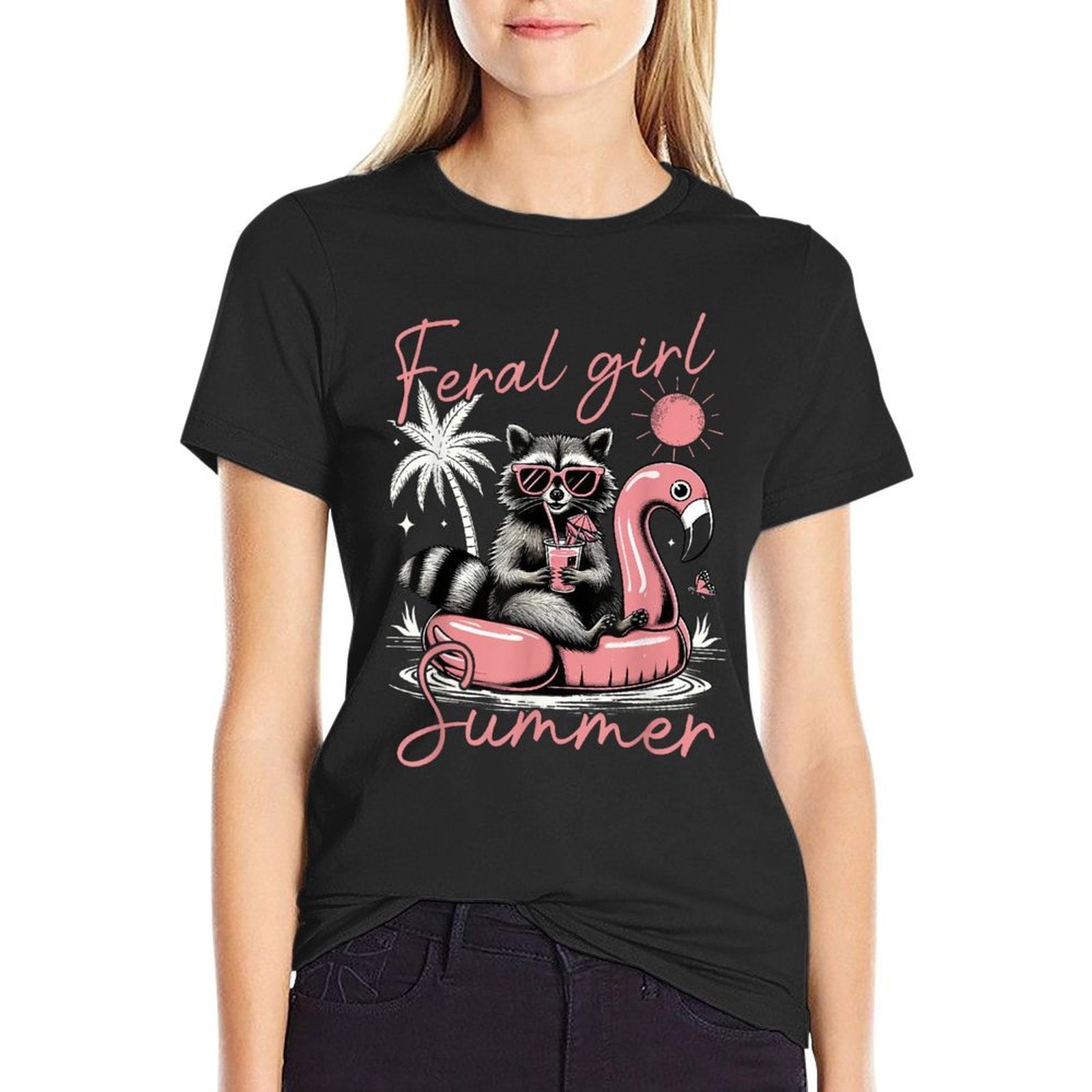 Feral Girl Summer Vacation Funny Meme Raccoon Hawaii Beach  Versatile T-Shirt
