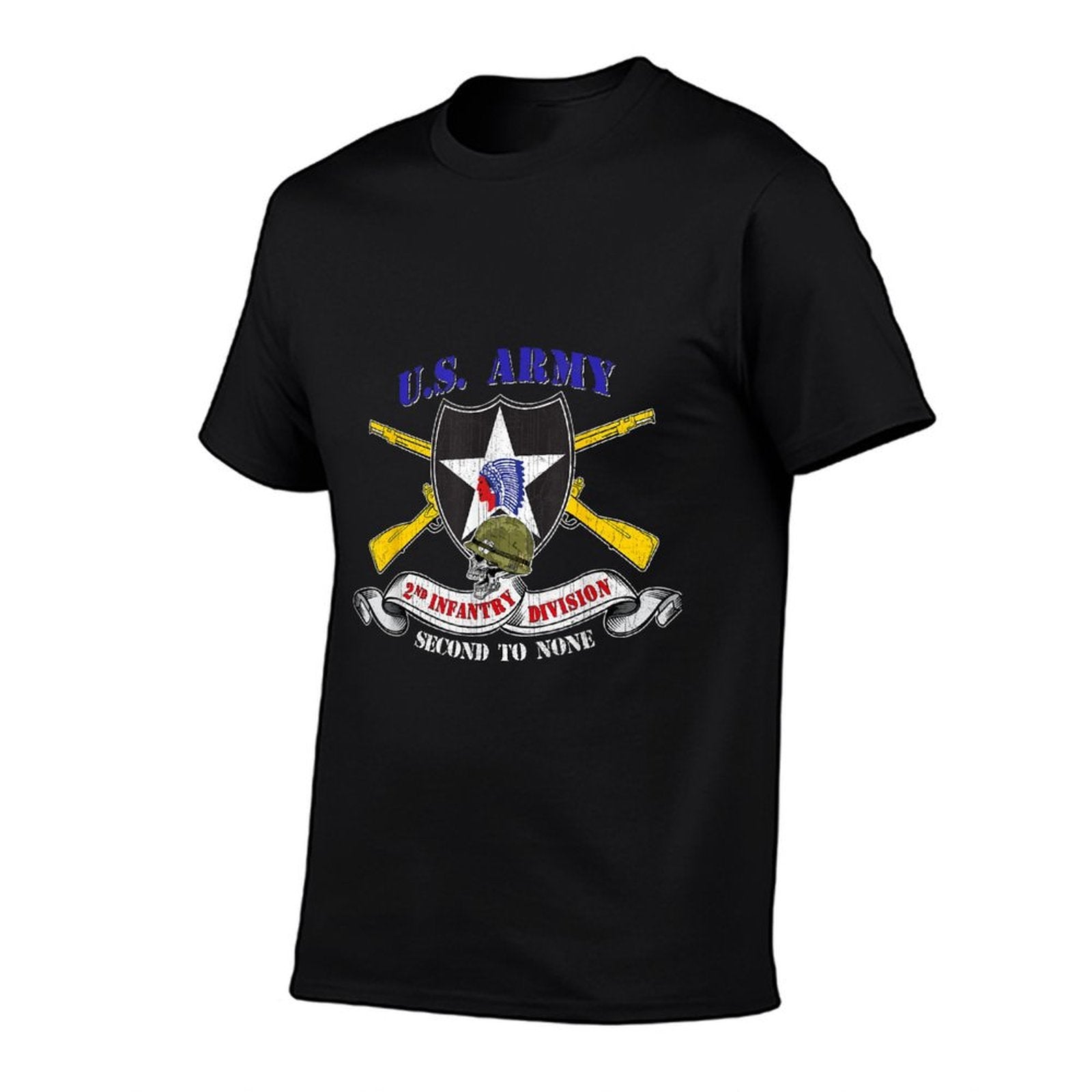 2nd Infantry Division Veteran 2ID - Unisex Adults - Black - Small - - Modern Classic Fit U-Neck - Military Veteran  Rolled Sleeves T-Shirt