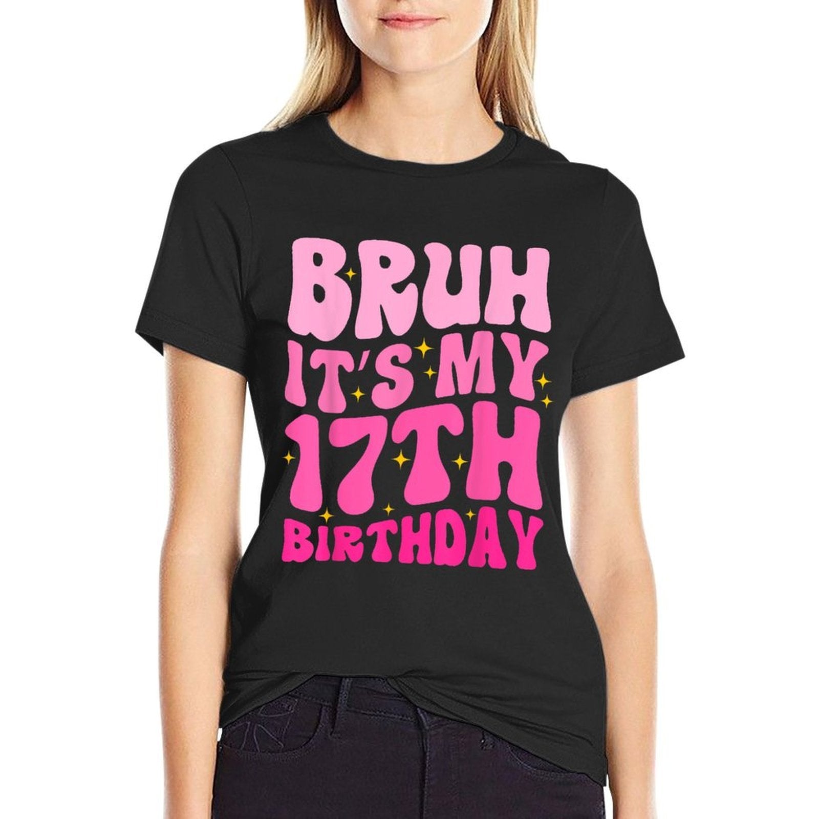 Bruh It's My 17th Birthday 17 Year Old 17yr Cute Groovy Pink  Polyester Blend T-Shirt