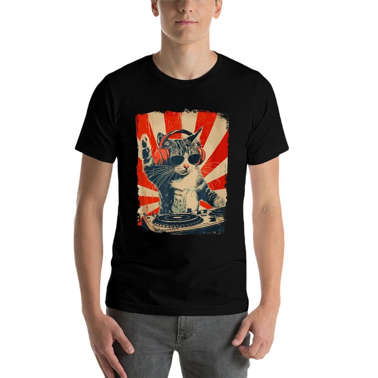 Funny DJ Cat Disco Sound Tech Headphone Music  Easy-care T-Shirt