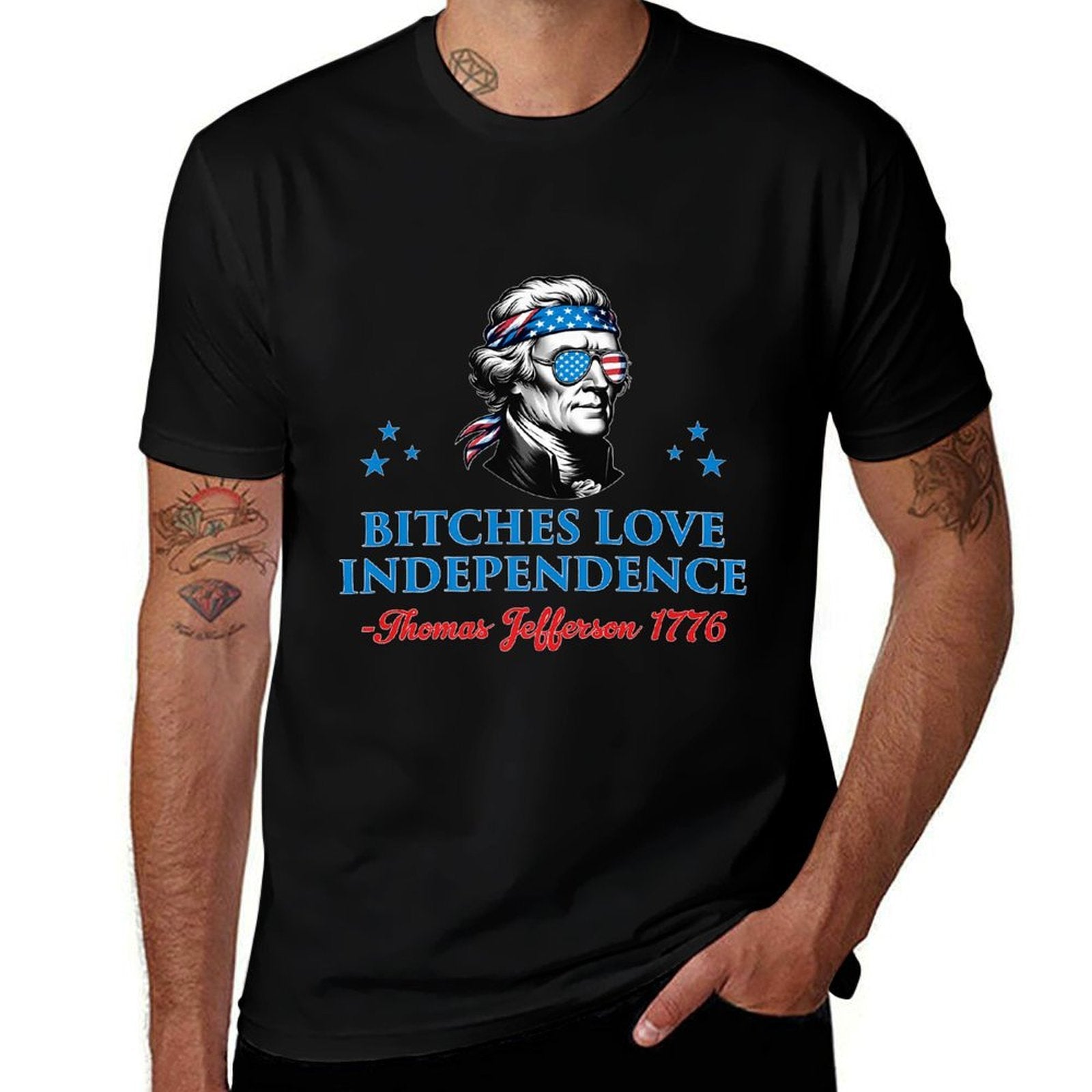 4th July Bitches Love Independence Thomas Jefferson Founding Premium  Ribbed Collar T-Shirt