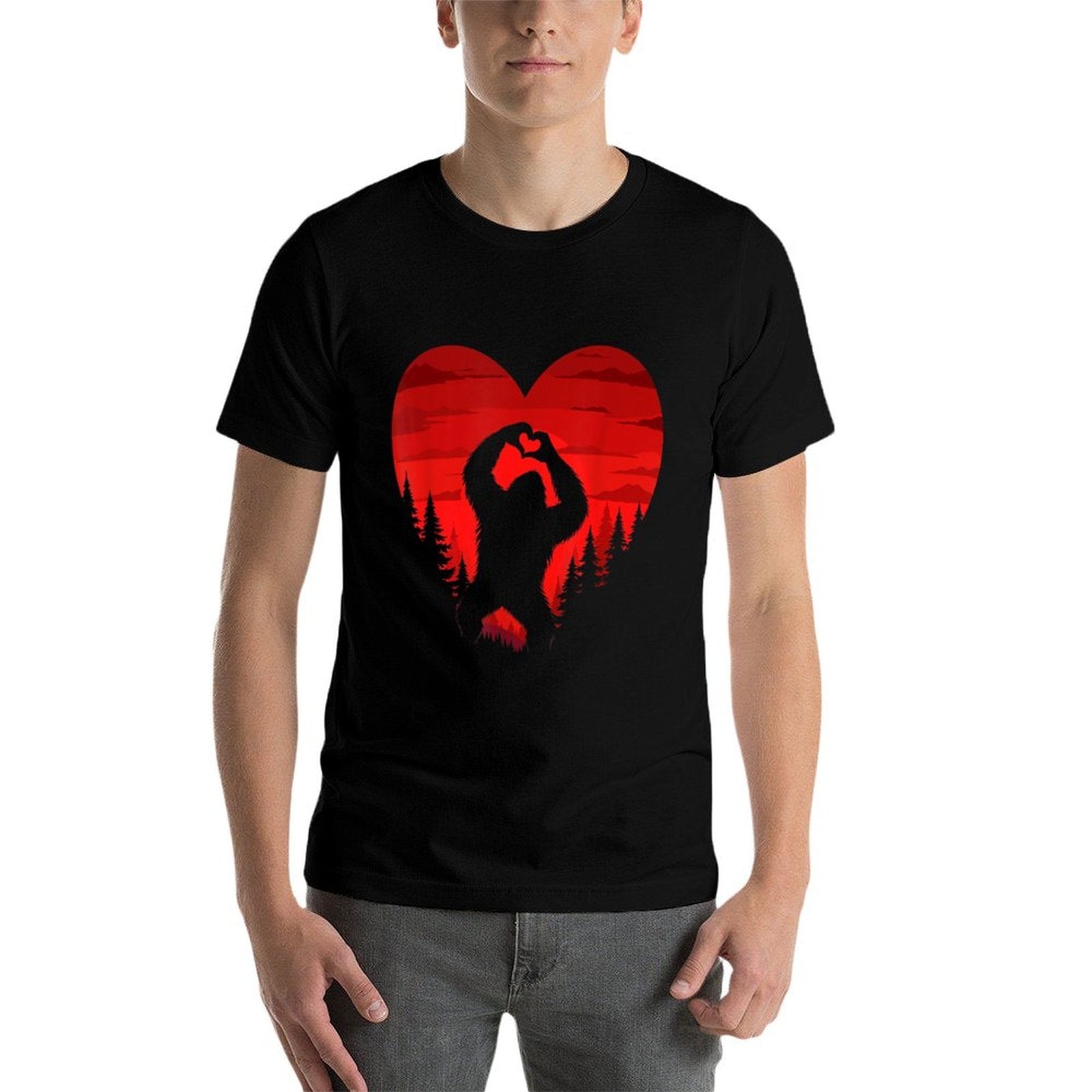 Bigfoot Heart Valentine Day Sasquatch Retro Landscape Forest  Stretchy T-Shirt