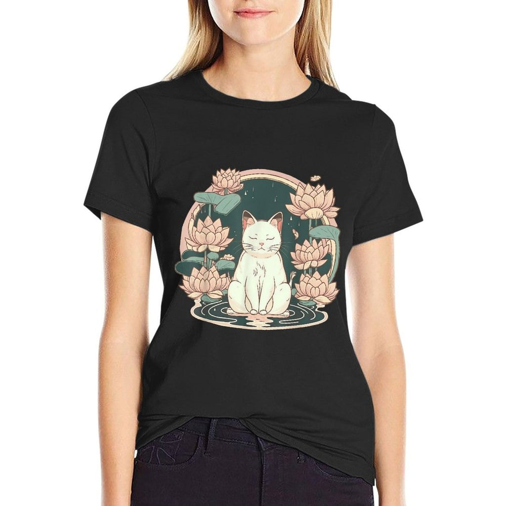 Yoga Meditation Spiritual Zen Lotus Cat on Lotus Flower  Cotton T-Shirt