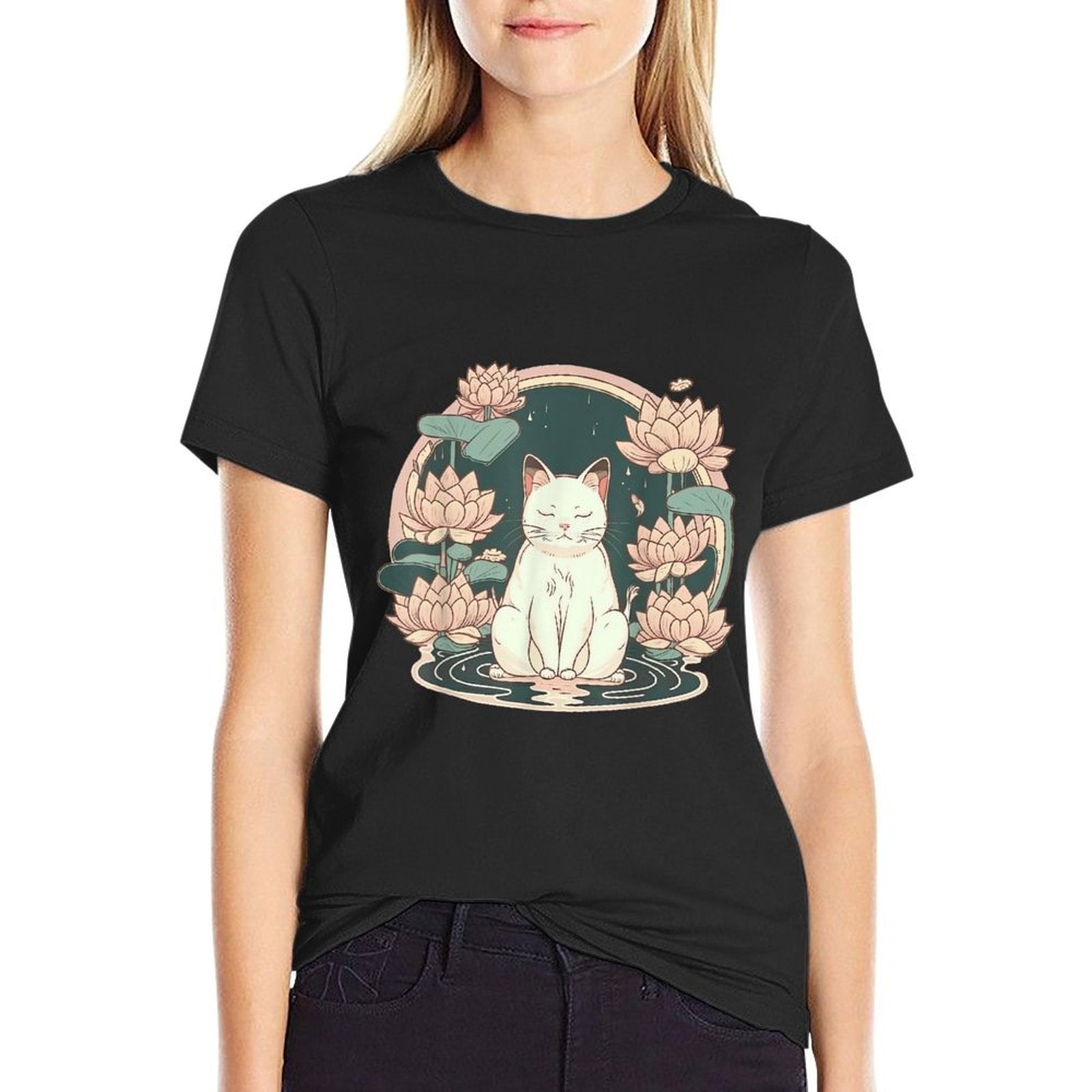 Yoga Meditation Spiritual Zen Lotus Cat on Lotus Flower  Cotton T-Shirt