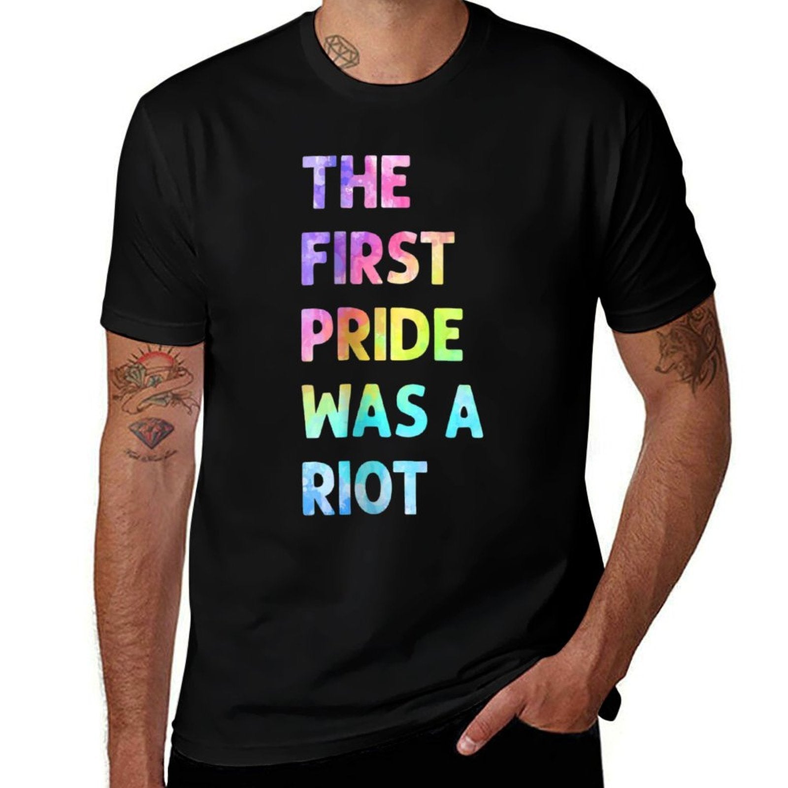 The First Pride Was A Riot Rainbow Watercolor  Rolled Sleeves T-Shirt