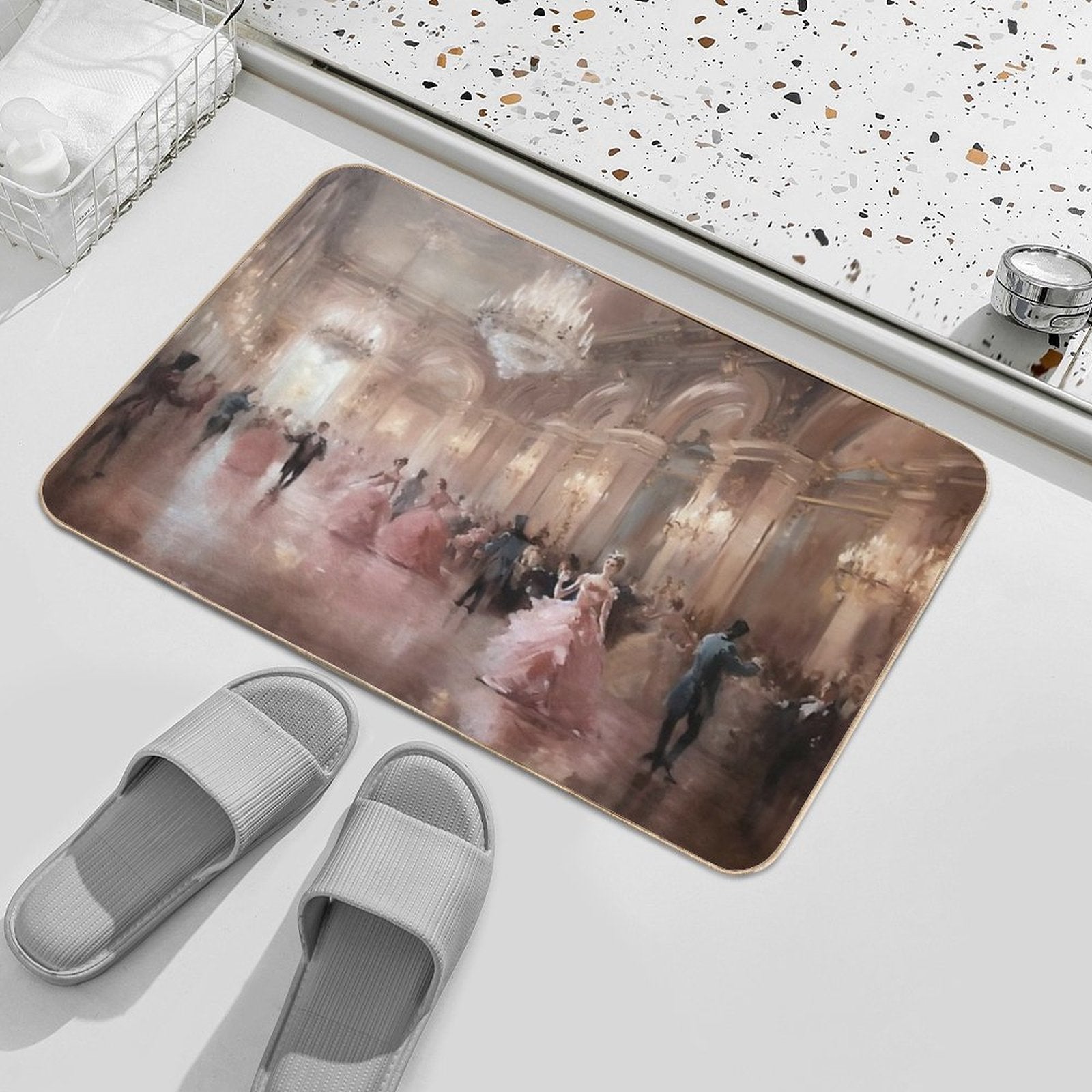 Coquette Aesthetic Vintage Painting of An Old Pink Ballroom  Stain-Proof Bath Mat