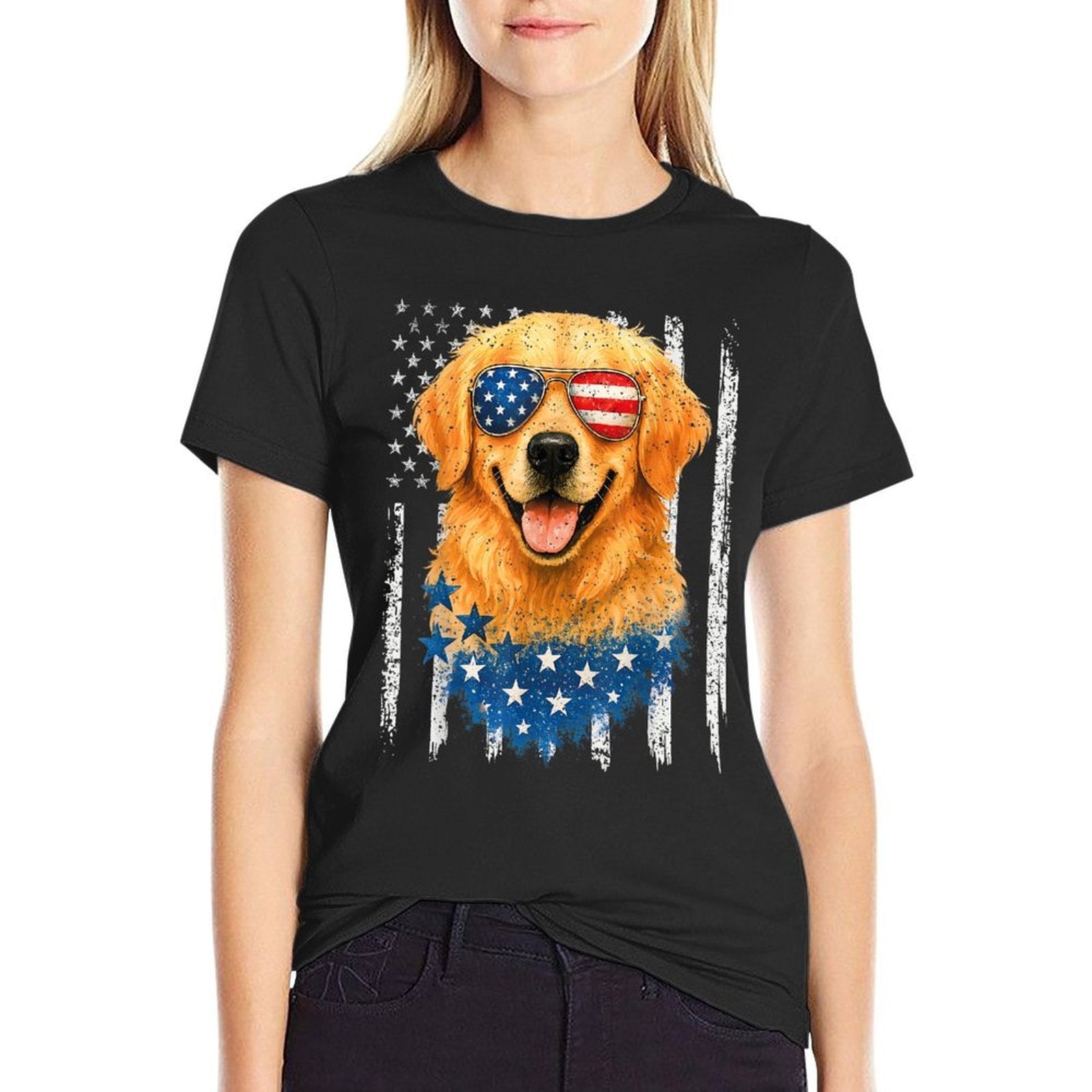 American Golden Retriever USA Retro 4th Of July  Polyester Blend T-Shirt
