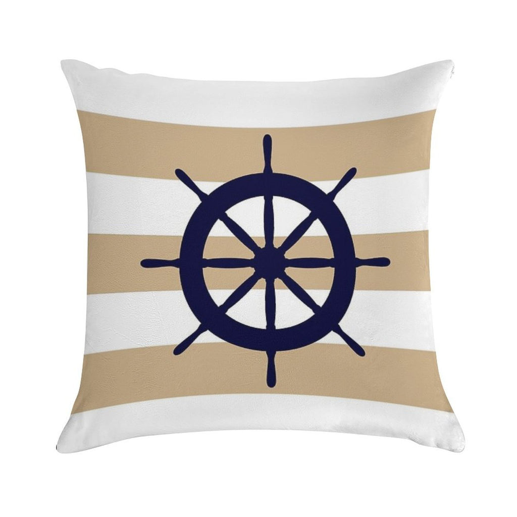 Nautical Navy Blue Ship's Steering Wheel On Tropical Tan Stripes Soft Hidden Zipper Throw Pillow