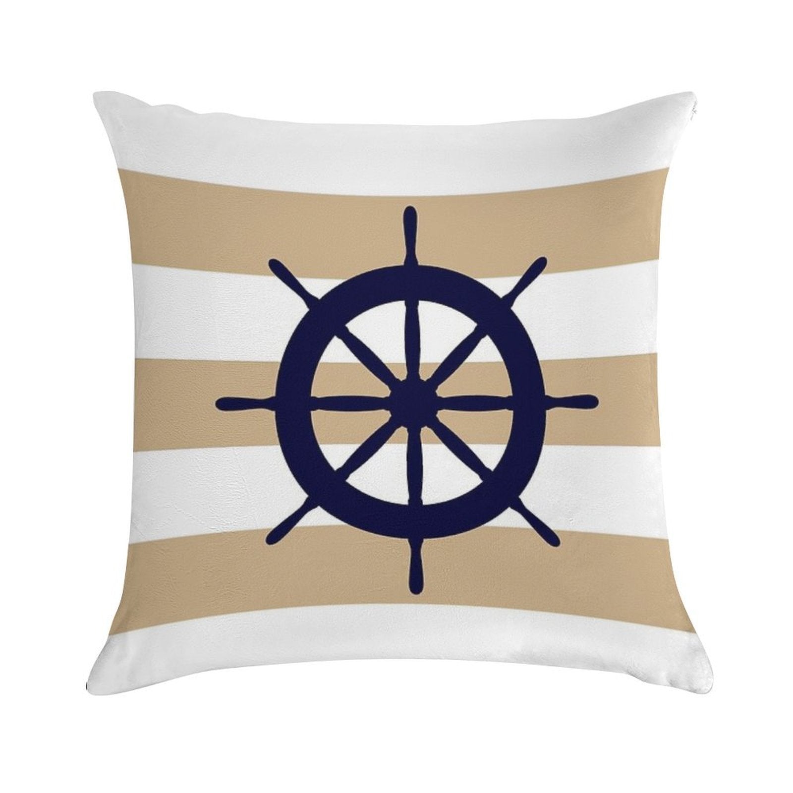 Nautical Navy Blue Ship's Steering Wheel On Tropical Tan Stripes Soft Hidden Zipper Throw Pillow