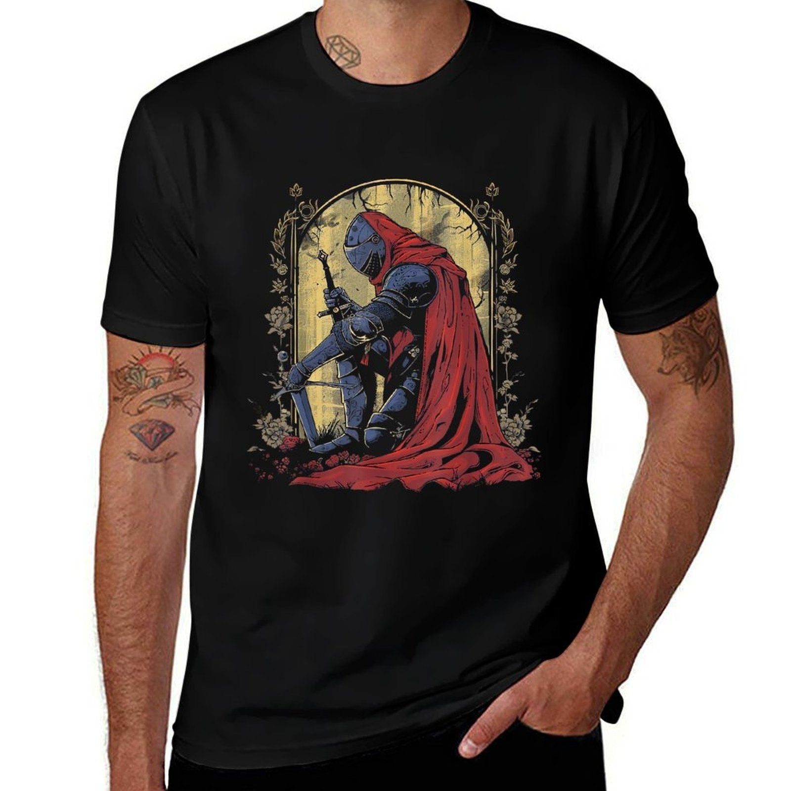 Kneeling Paladin Design  Noble Warrior Fantasy Art  Moisture-wicking T-Shirt