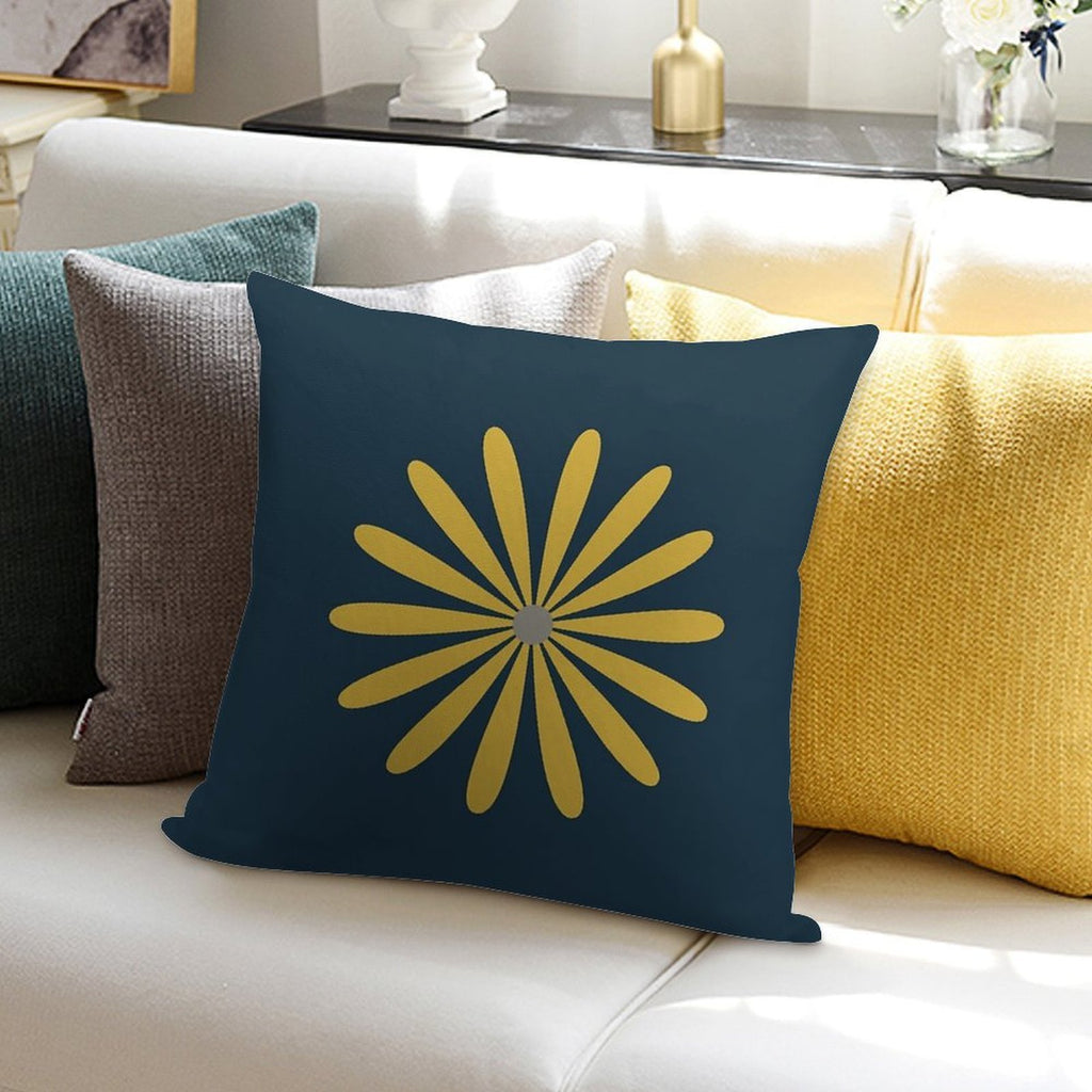 Big Daisy in Light Mustard Yellow And Grey on Navy Blue Minimalist Retro Modern Floral Soft Home Decor Throw Pillow