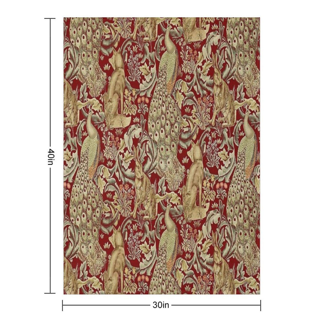 FOREST ANIMALS,PEACOCKS,FOX AND HARE IN RED LEAVES FLORAL PATTERN Machine-washable Throw Blanket