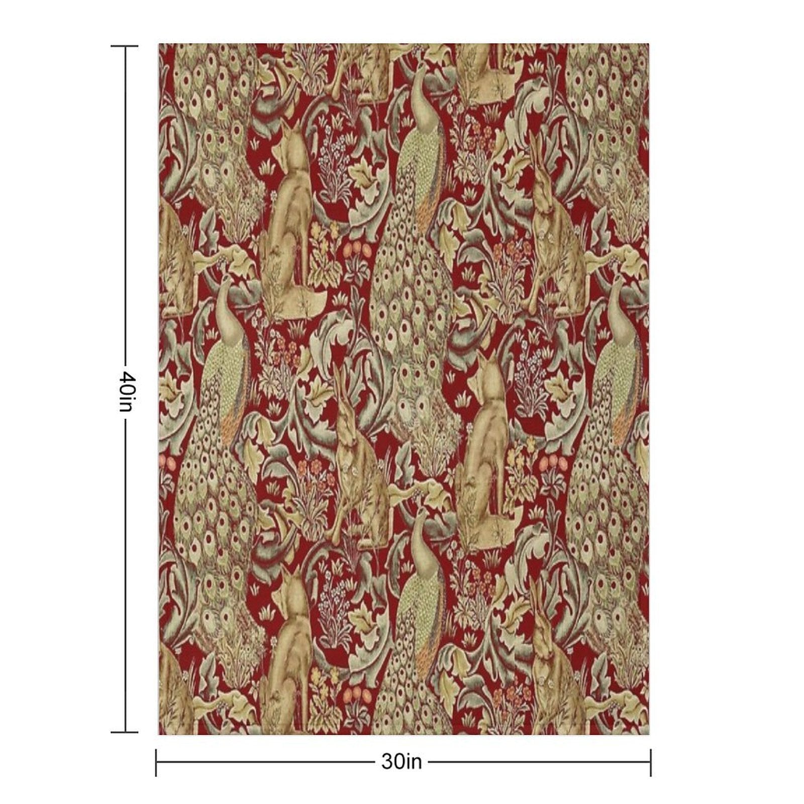 FOREST ANIMALS,PEACOCKS,FOX AND HARE IN RED LEAVES FLORAL PATTERN Machine-washable Throw Blanket