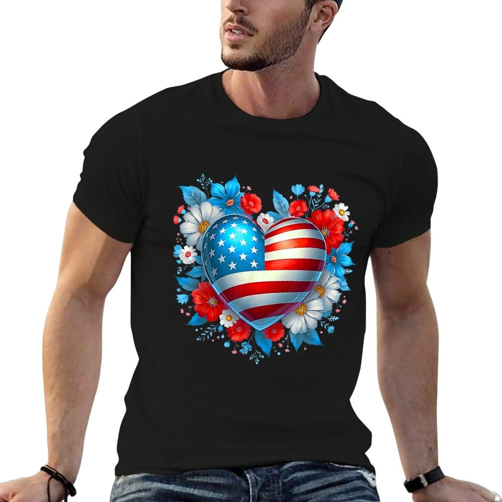 4th of July American for Girls Floral Print Heart  High-quality Stitching T-Shirt