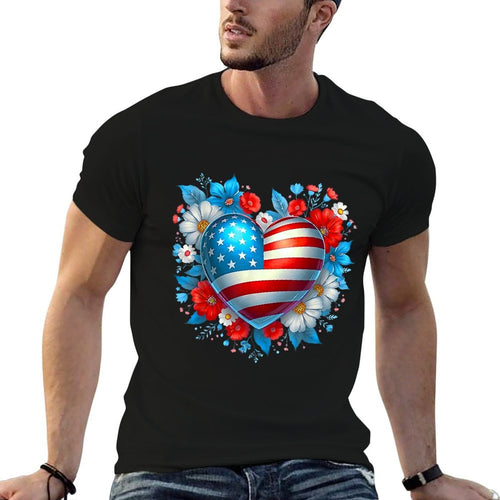 4th of July American for Girls Floral Print Heart  High-quality Stitching T-Shirt