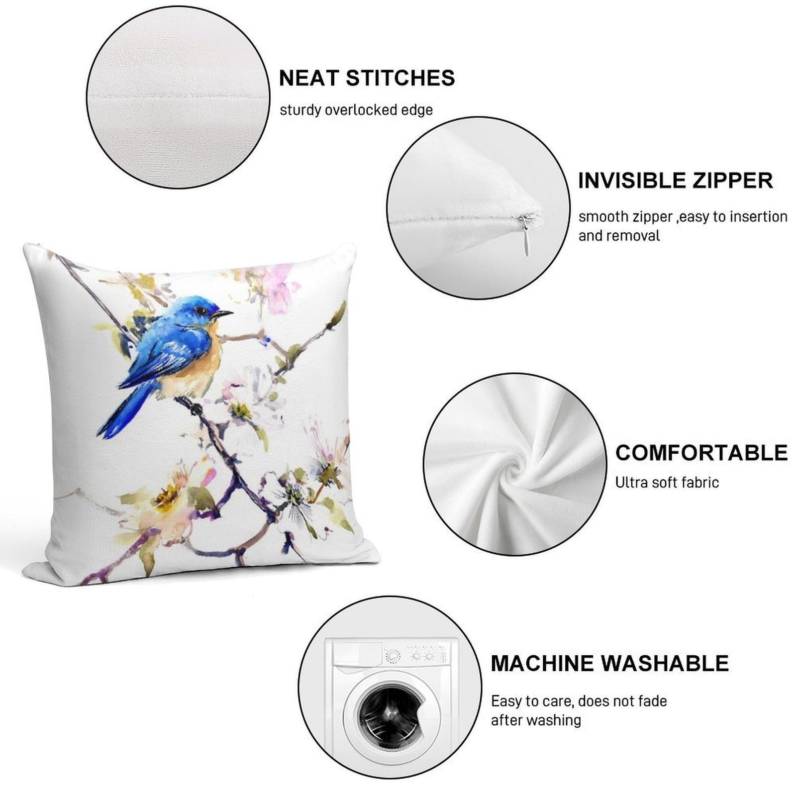 Bluebird And Dogwood Soft Durable Construction Throw Pillow