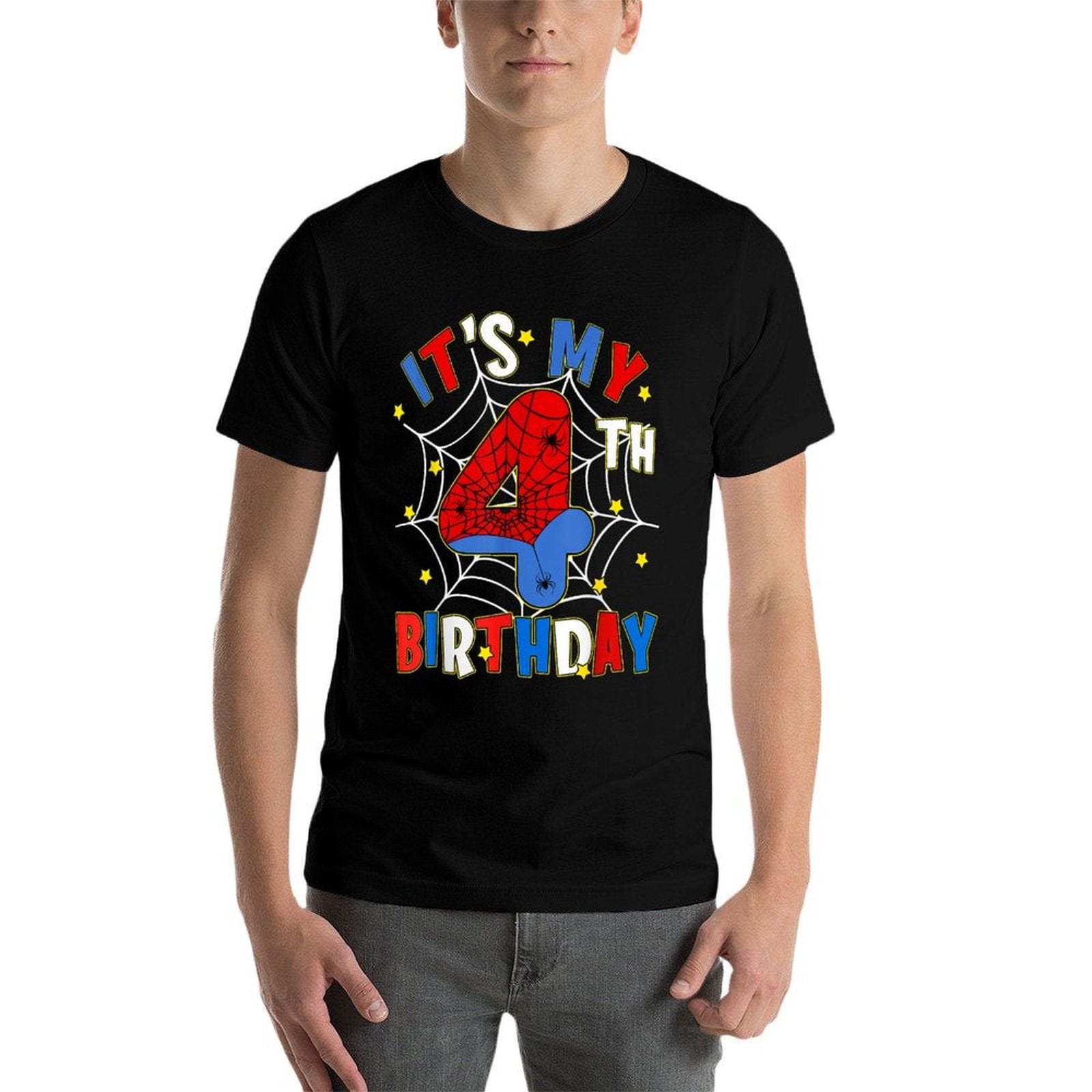 Boy Kids It's My 4th Birthday Spider Theme Party 4 Year Old  Oversized Silhouette T-Shirt
