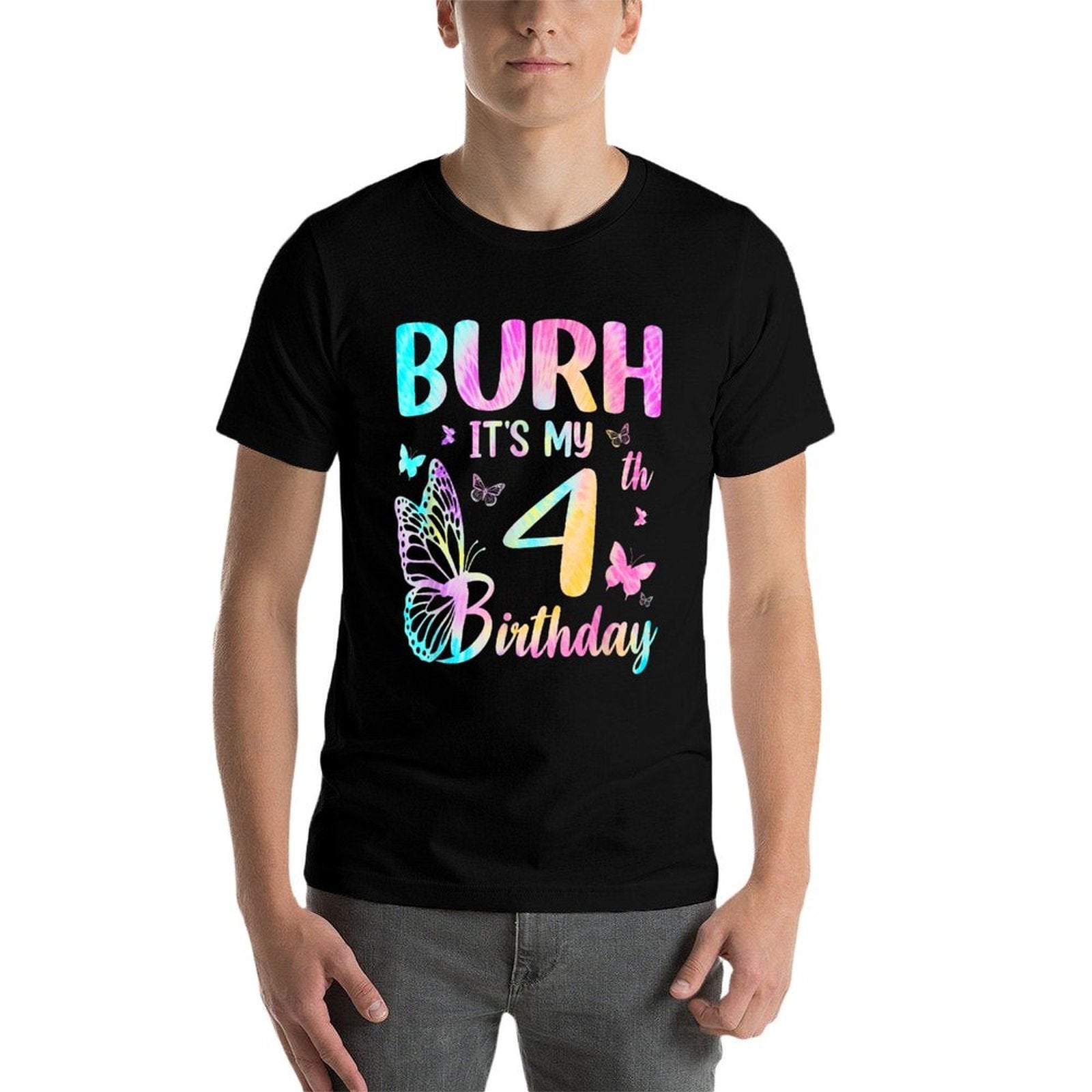 Bruh It's My 4th Birthday Butterfly Theme 4 Year Old  Ribbed Collar T-Shirt